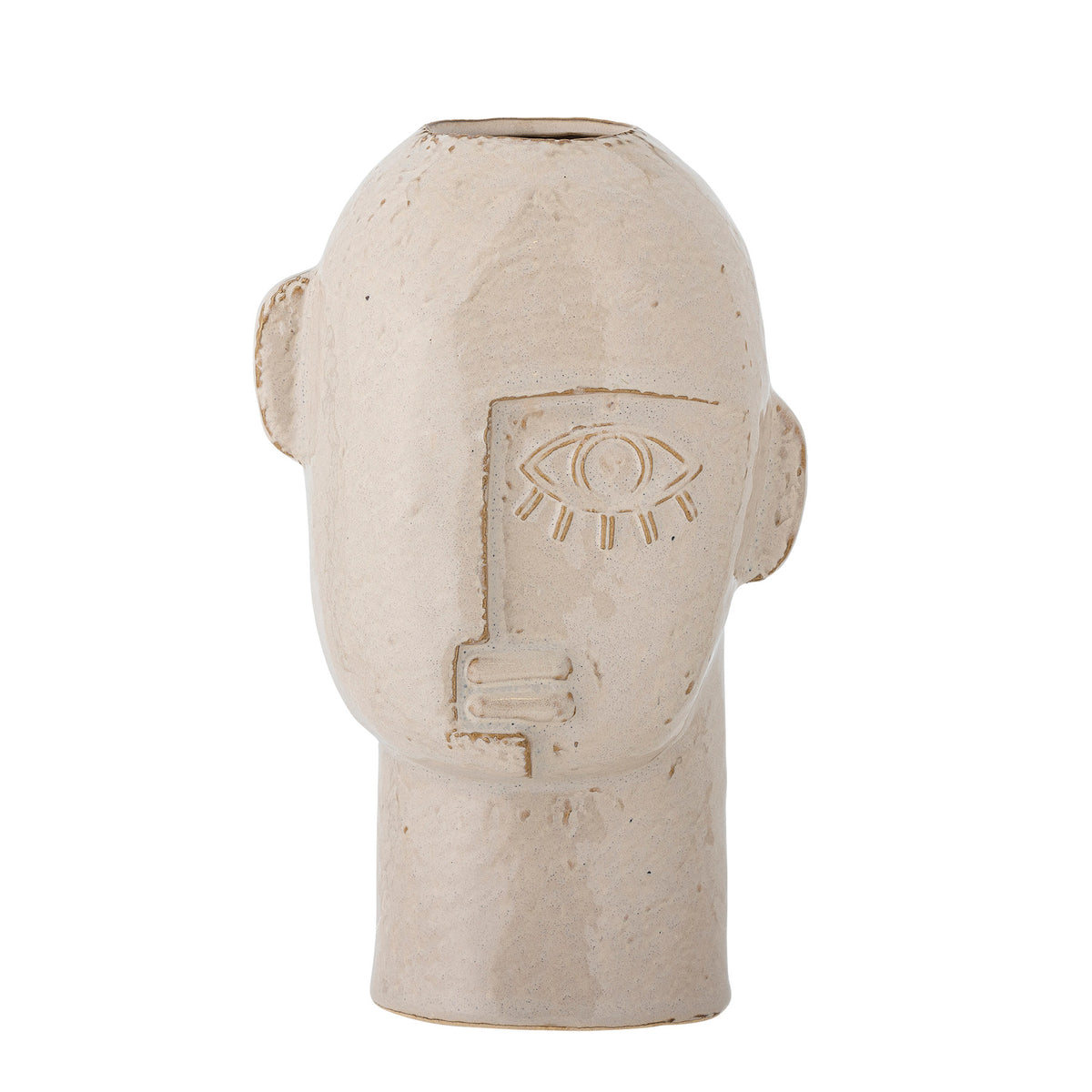 Weisse Steingut-Vase Lizzie von Bloomingville in Kopfform mit kleinen Ohren und stilisiertem Gesicht mit einem Auge, glasierte Oberfläche