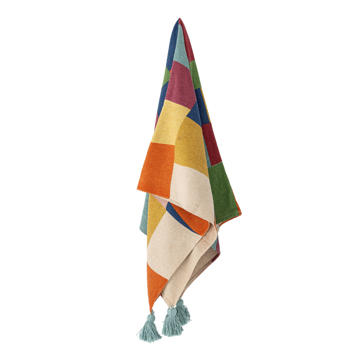 Bunte Wolldecke Colorine von Bloomingville Mini aus Mischfasern mit gewebtem Muster und Quasten an den Enden, in Blau, 160x130 cm