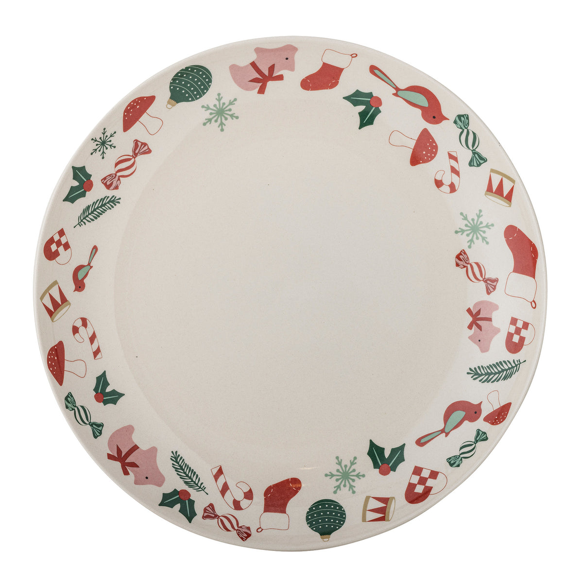 Weisse Servierplatte Yule aus Steingut mit weihnachtlichen Motiven und handgemalten Details
