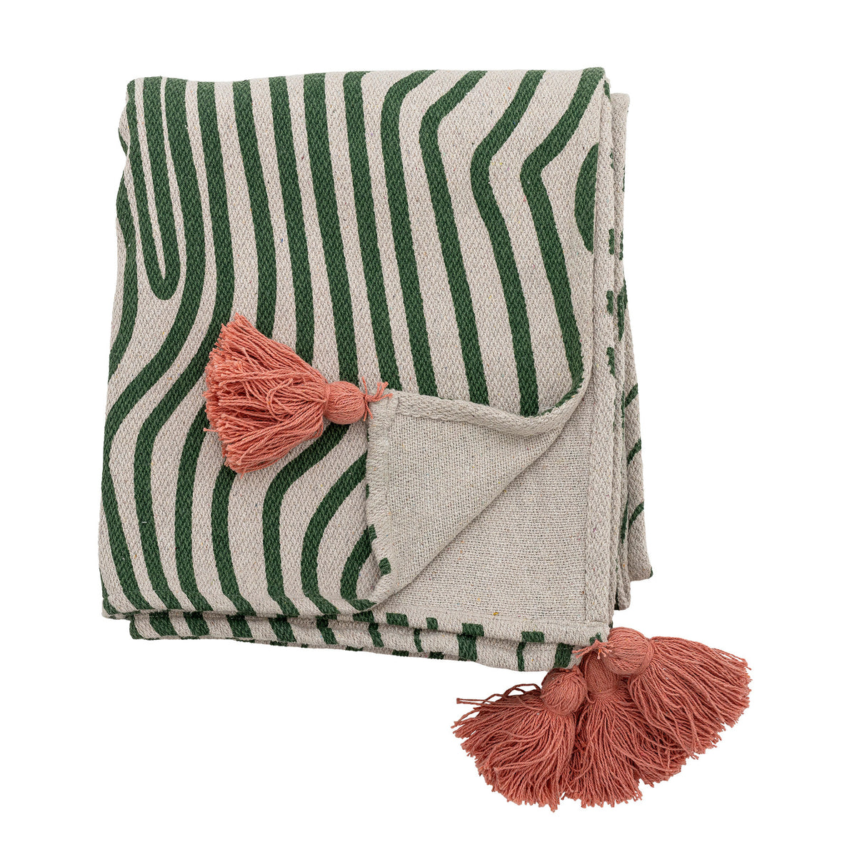Woodsby Decke von Bloomingville in Beige mit geschwungenen Streifen in Grün und Rosé, Mischfasern, mit grossen Quasten an den Ecken.