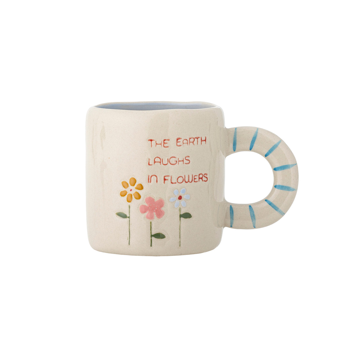 Weisse Cloudy Tasse aus Steingut mit Regenbogen als Griff und Schriftzug