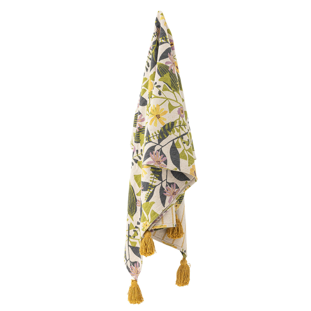 Wolldecke Camelie von Creative Collection in Bunt mit botanischem Blätter- und Blumenmuster, gewebt und bedruckt, mit gelben Quasten an den Ecken.
