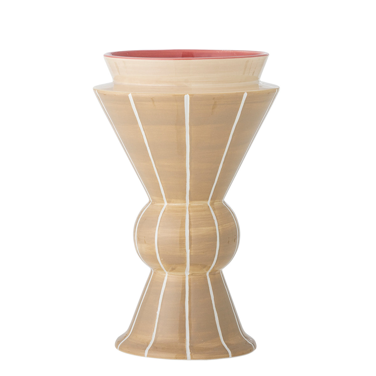 Trilla Vase von Bloomingville in Beige aus Keramik, handbemalt mit vertikalen Streifen, markante Sanduhrform, Höhe 26.5 cm.