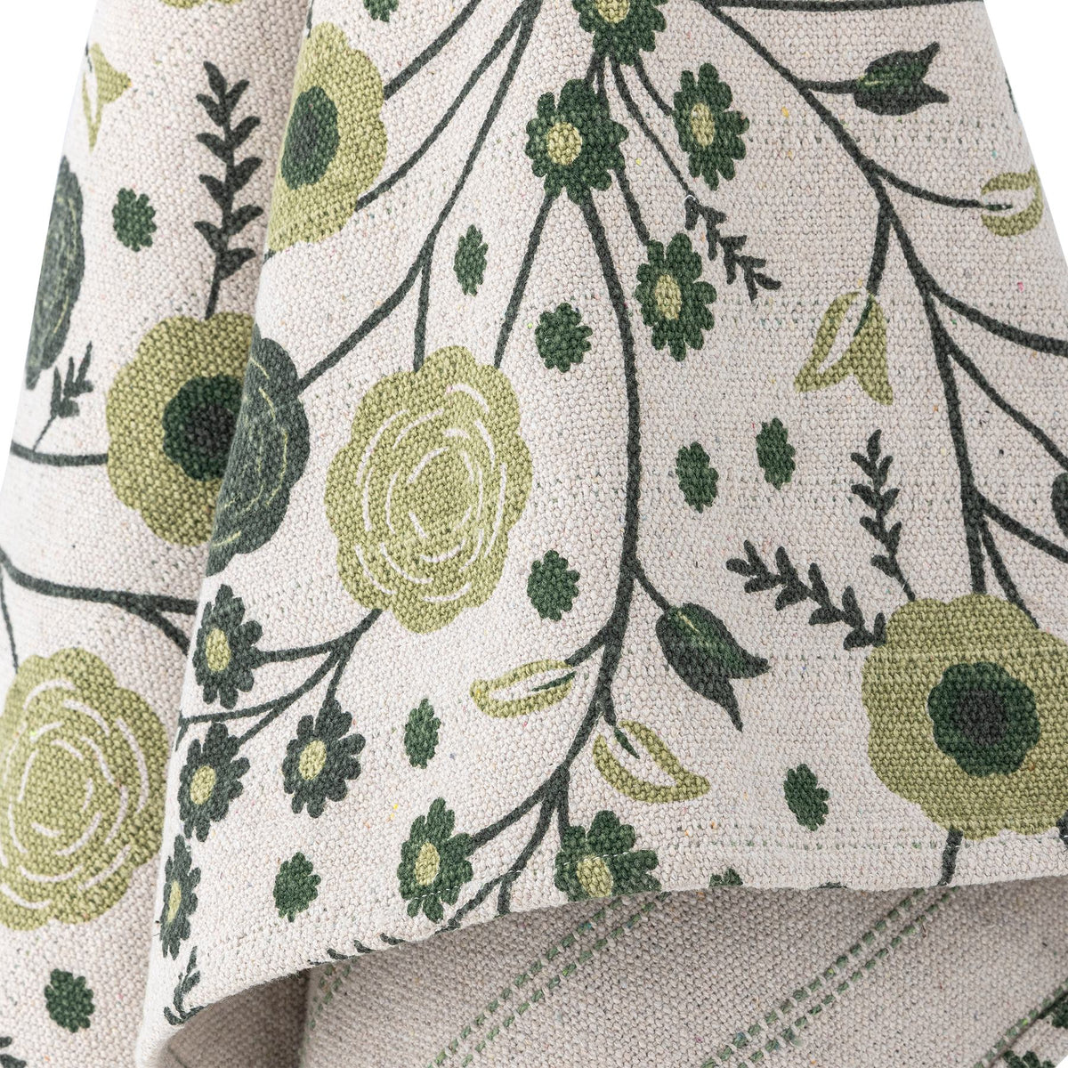 Wolldecke Eydis von Bloomingville in Natur mit floralem Blumendruck in Dunkelgrau und Gelb, Fransen an einer Seite, aus Mischfasern gefertigt.