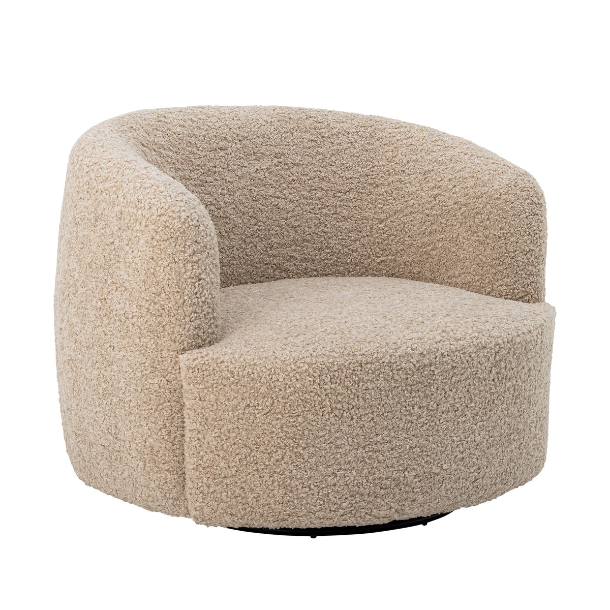 Bocca Loungesessel in Beige mit texturiertem Polyesterbezug, organischer Form und drehbarem Untergestell aus Kiefernholz und Eisen, Beine in Natur.