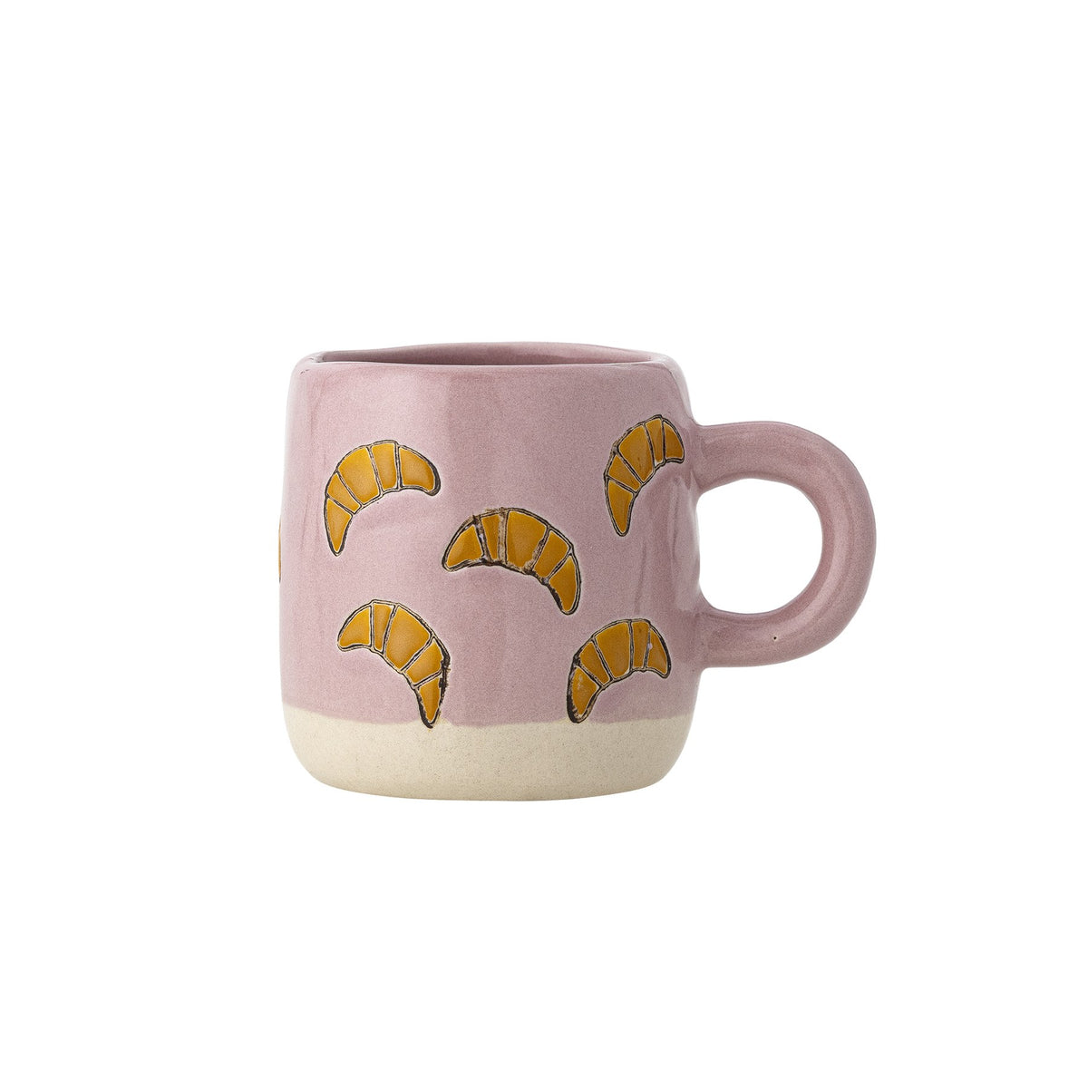 Millie Tasse von Bloomingville Mini aus Steingut, handbemalt mit Croissant-Motiven in Orange, Beige und Grün, kleine runde Form.