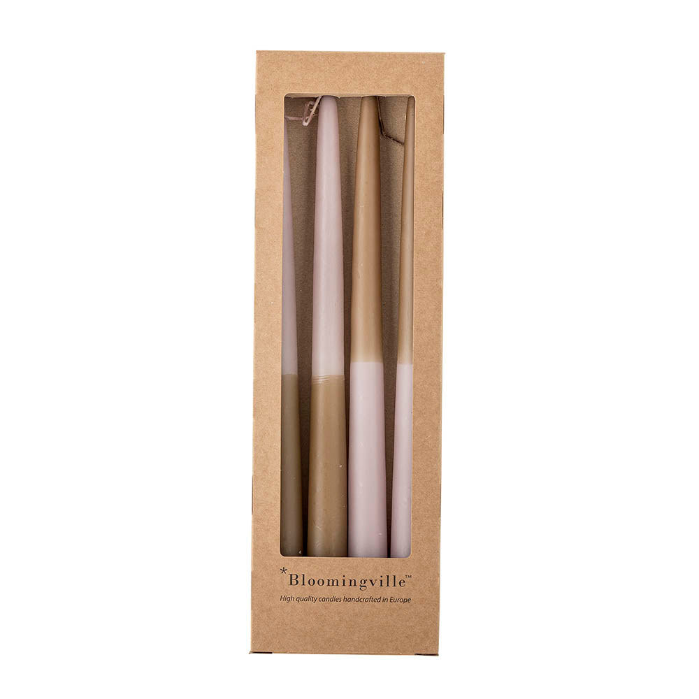 Burma Kerzen aus Paraffin mit abwechselnd rosa und braunen Abschnitten, lange schlanke Form