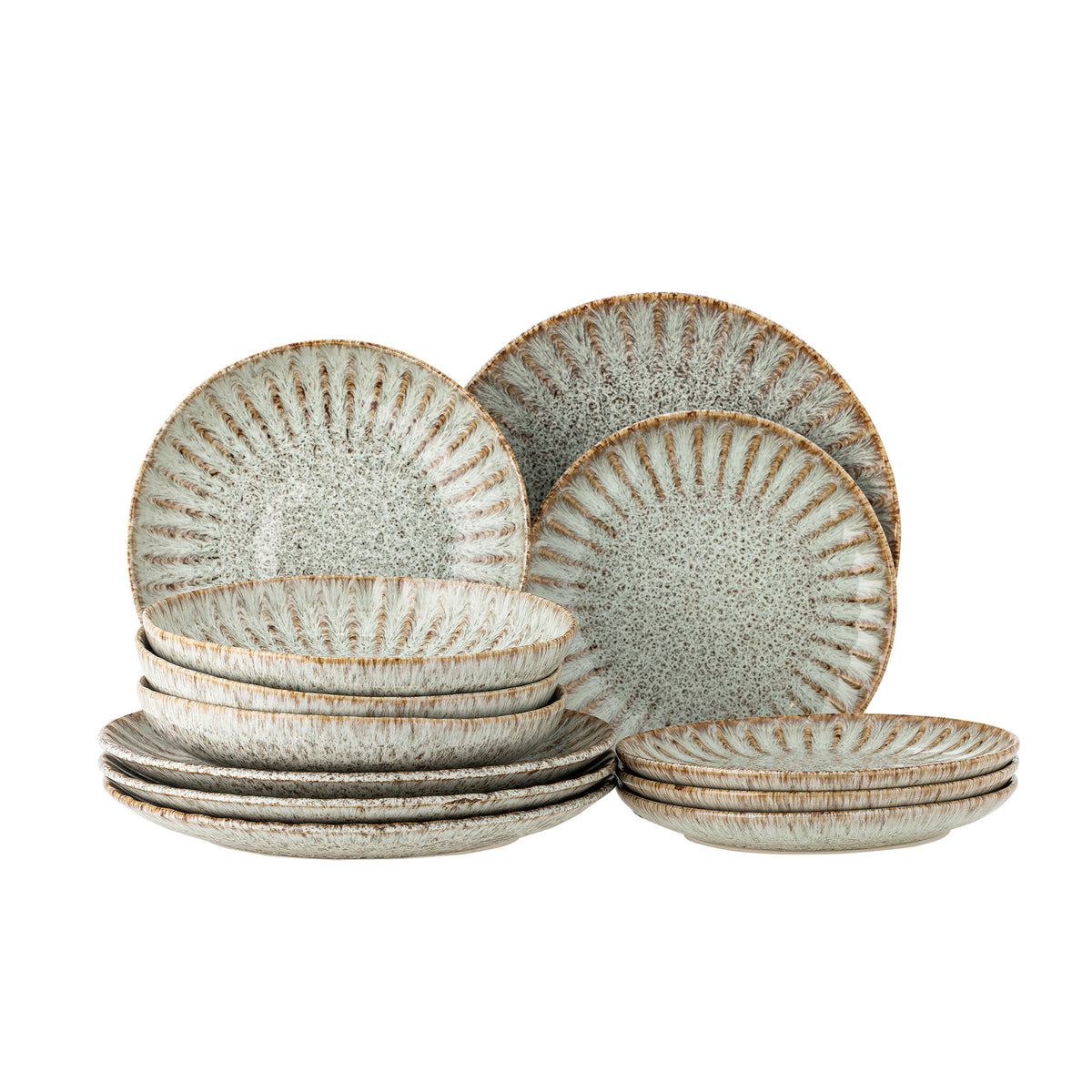 Fleur Geschirrset aus Steingut in Beige mit strahlenförmigem Muster, bestehend aus tiefen Tellern, Dessert- und Speisetellern von Creative Collection.