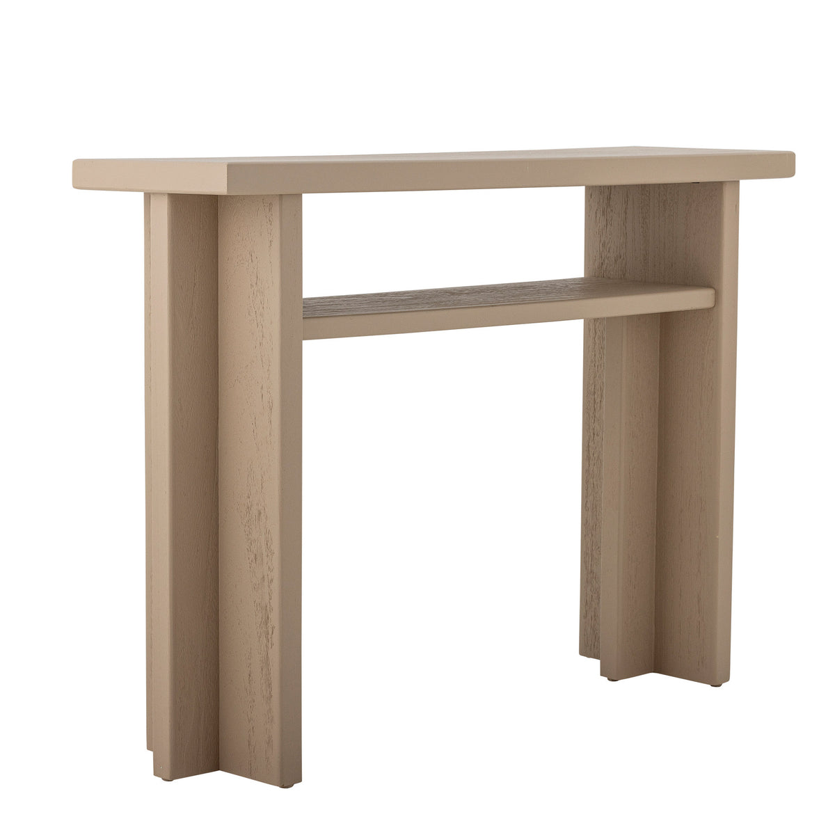 Konsolentisch Cupa in Beige aus Tannenholz mit lackierter Oberfläche, geteilten Seitenwangen und offener Ablagefläche im unteren Bereich.