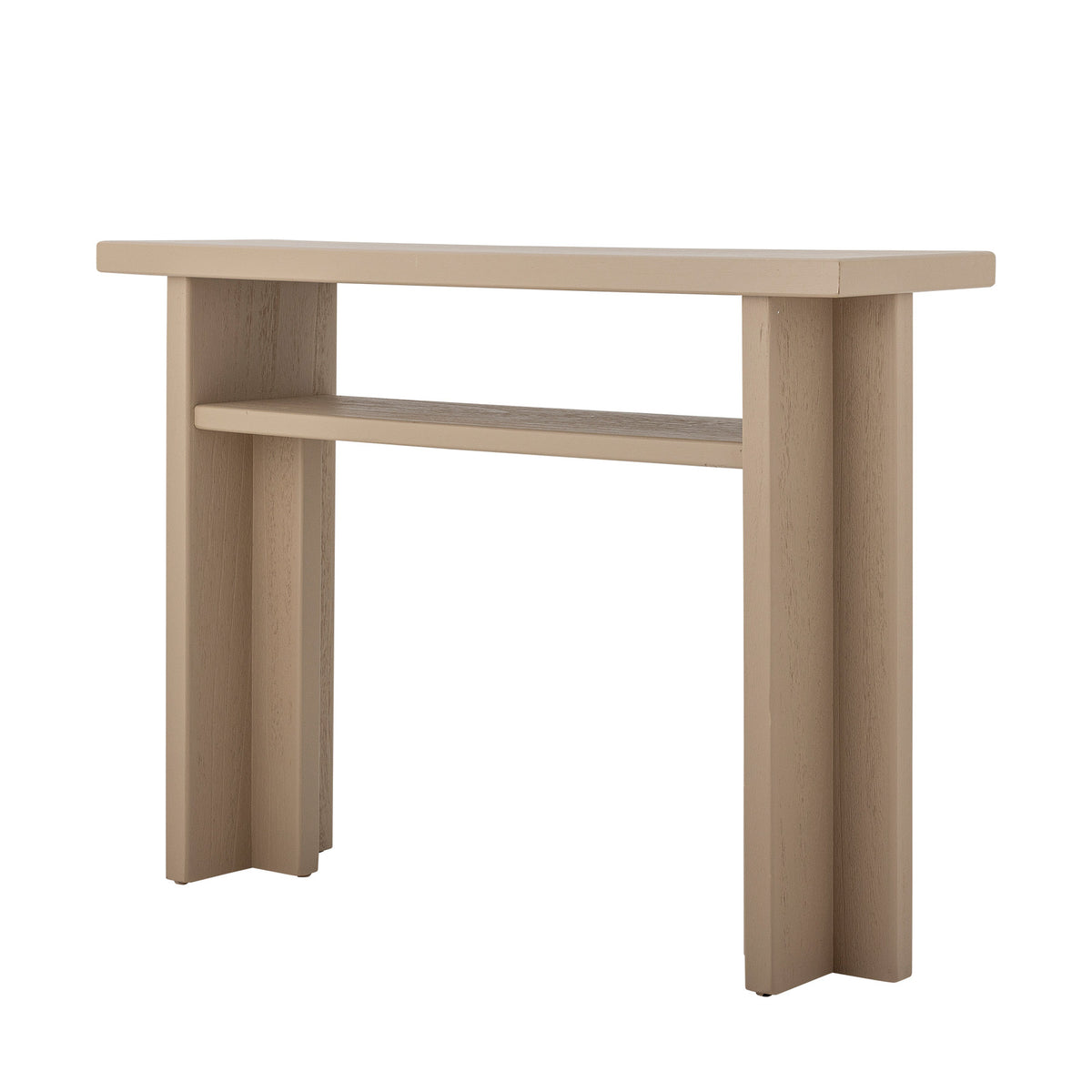 Konsolentisch Cupa in Beige aus Tannenholz mit lackierter Oberfläche, geteilten Seitenwangen und offener Ablagefläche im unteren Bereich.