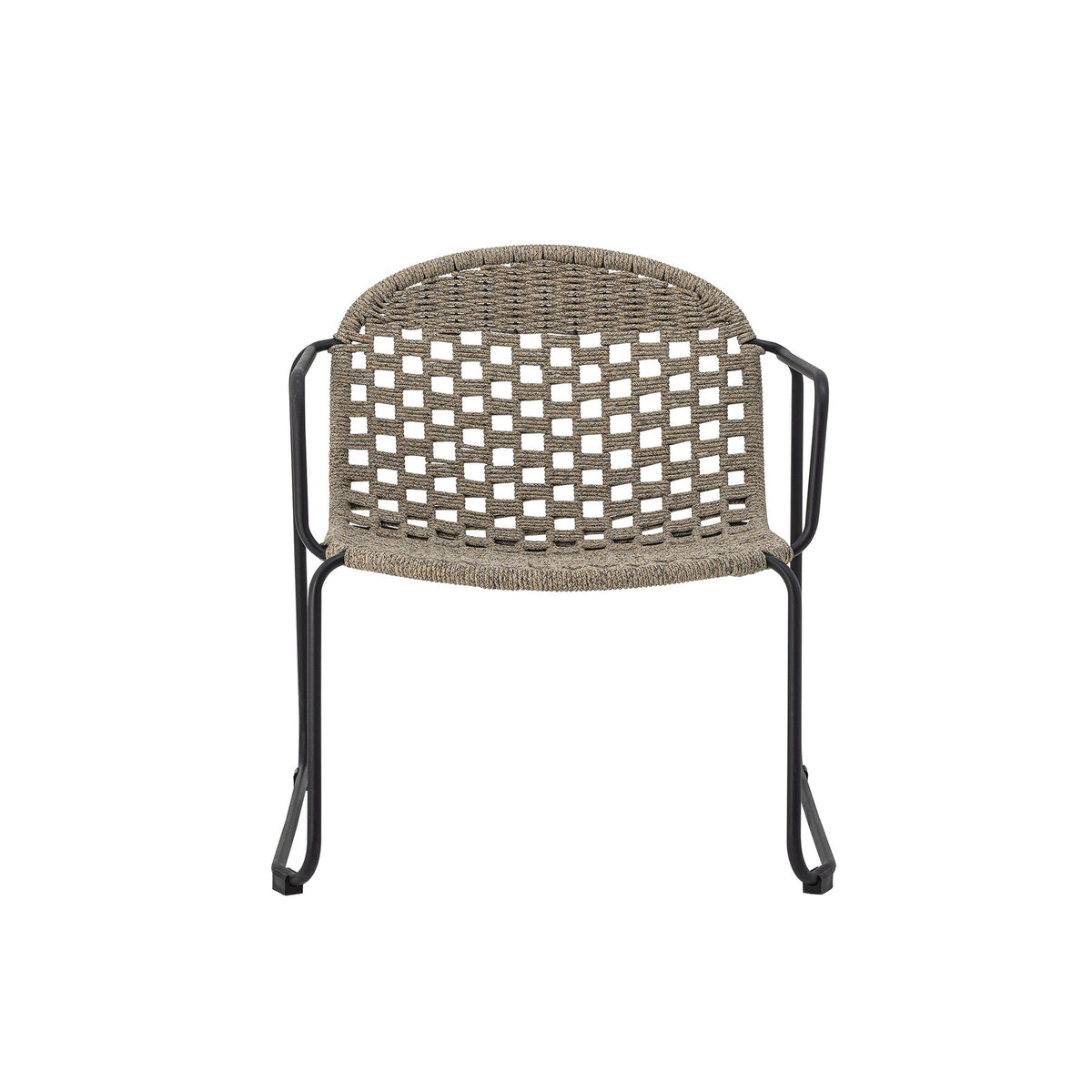 Schwarzer Lounge-Sessel mit Hocker aus Eisen und Polypropylen in offener Flechtoptik, abgerundete Rückenlehne, schlanke Armlehnen.