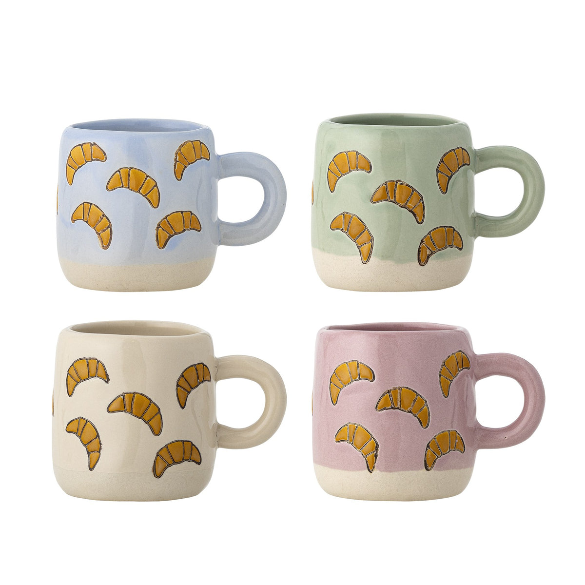 Millie Tasse von Bloomingville Mini, 4er-Set aus handbemaltem Steinzeug in bunten Farben mit Croissant-Motiven, Grösse D6 x H7 cm.