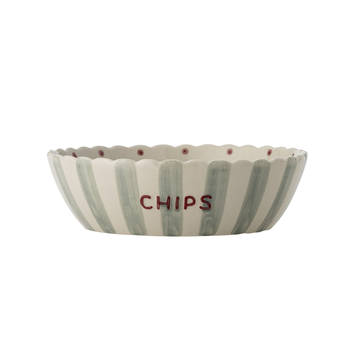 Blaue Steinzeug Schale mit gewelltem Rand, handbemalten vertikalen Streifen aussen und Punkten innen, seitlicher Schriftzug CHIPS.