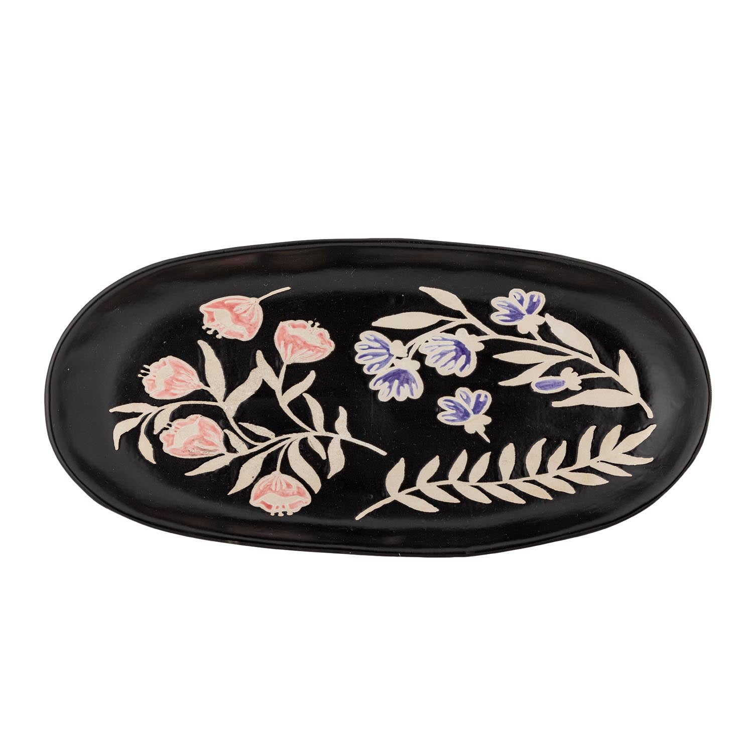 Entdecken Sie das elegante Amberly Serviertablett von Bloomingville – ein vielseitiges Steingut-Tablett mit mattem Finish und floralen Details.