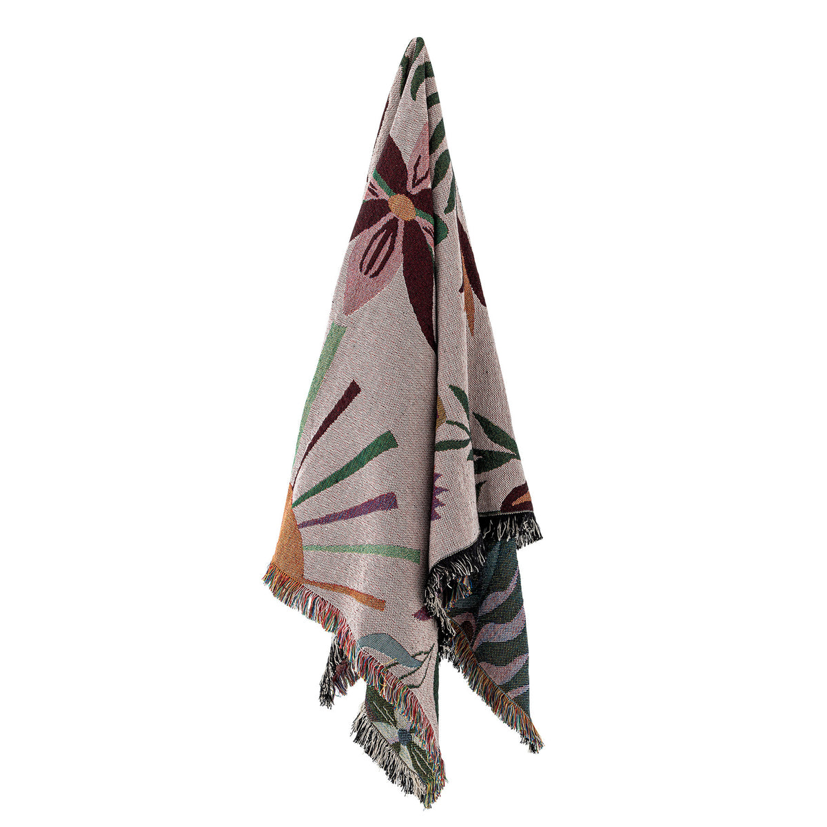 Gewebte Wolldecke Yash in Multi mit botanischem Muster auf beiden Seiten, Mischfasern aus Baumwolle, Polyester, Viskose und Wolle, mit bunten Fransen am Rand.
