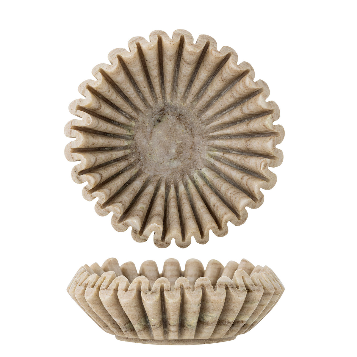 Runde Schale aus poliertem Marmor in Beige mit braunen und grauen Nuancen, vertikale Rillen bilden ein strahlenförmiges Muster, Bloomingville Harmonia.