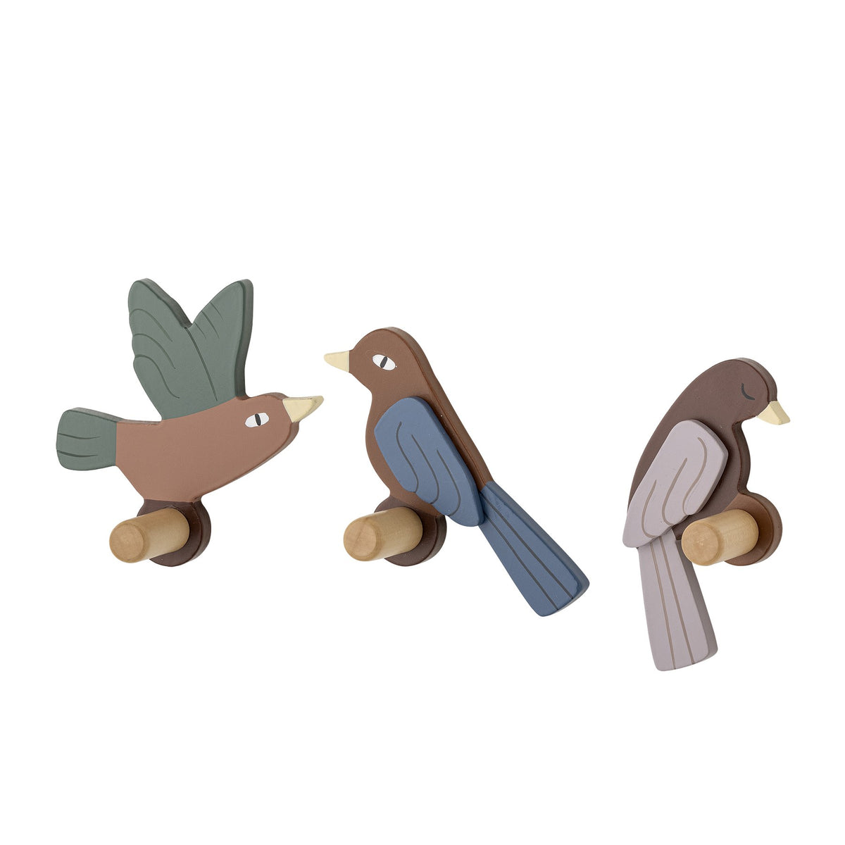 Lewi Kleiderhaken von Bloomingville Mini in Vogelform, bunt lackiert, aus MDF und Eisen gefertigt, im 3er-Set auf weissem Hintergrund.