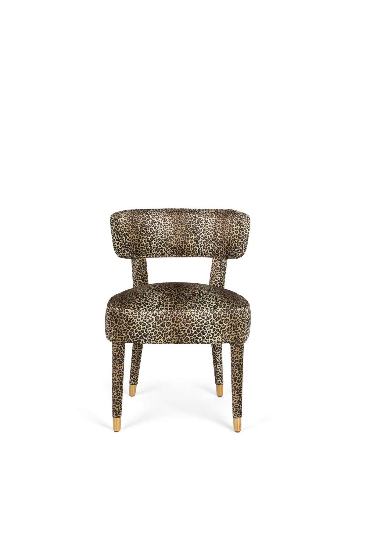 Esszimmerstuhl mit Pantherfell-Bezug aus Polyester, Holzrahmen mit Sperrholz, Beine aus Vollgummiholz mit goldfarbenen Stahlfüssen.