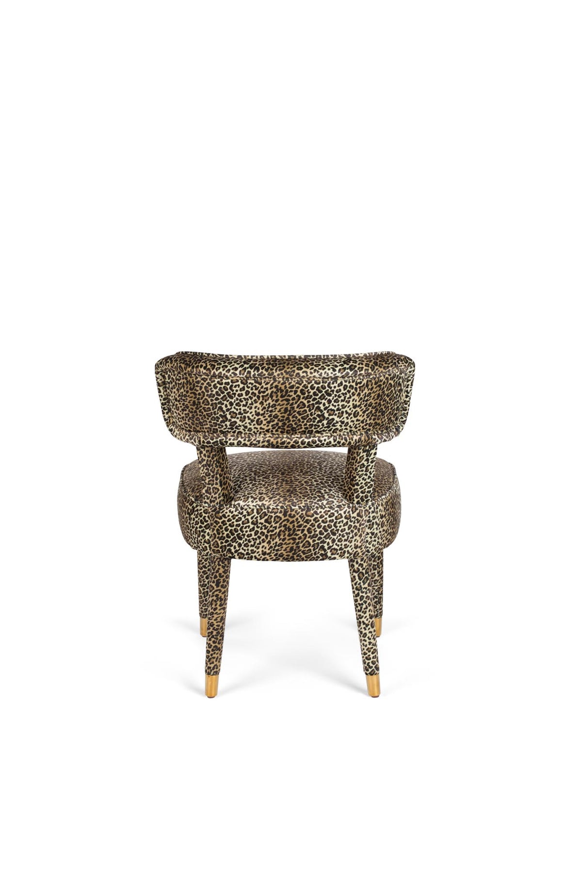 Esszimmerstuhl mit Pantherfell-Bezug aus Polyester, Holzrahmen mit Sperrholz, Beine aus Vollgummiholz mit goldfarbenen Stahlfüssen.