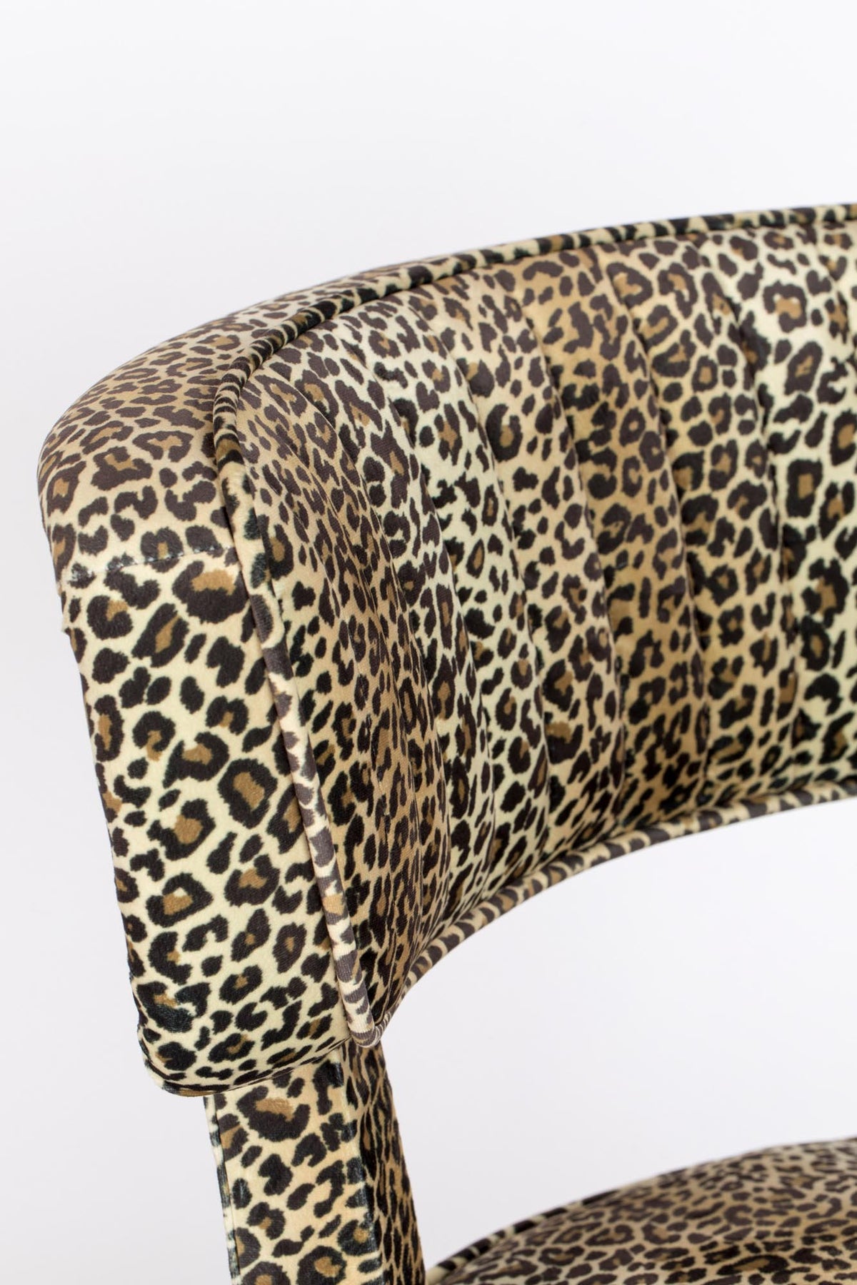 Esszimmerstuhl mit Pantherfell-Bezug aus Polyester, Holzrahmen mit Sperrholz, Beine aus Vollgummiholz mit goldfarbenen Stahlfüssen.