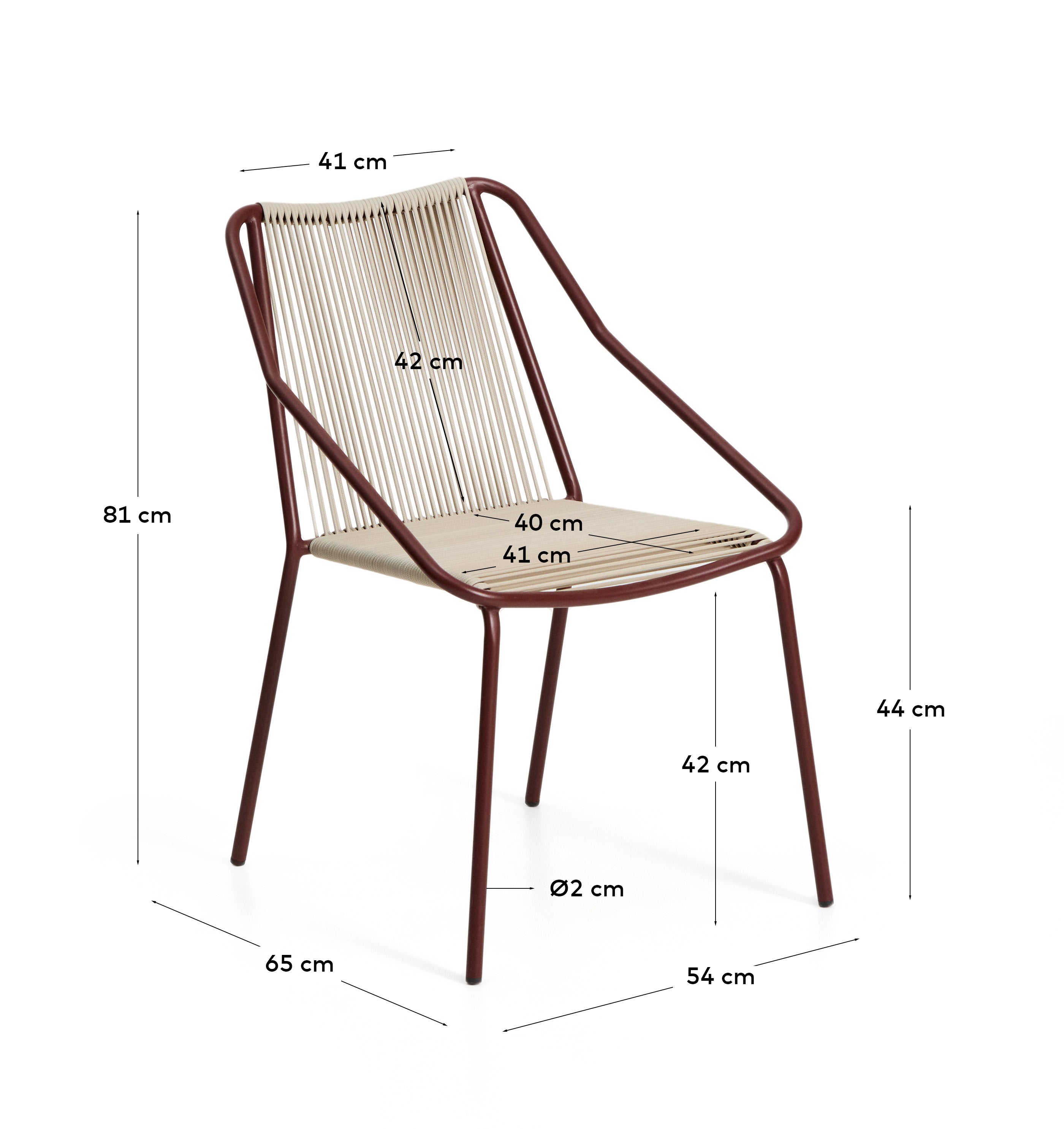 Outdoor-Stuhl Zivia aus écrufarbenem Seil und granatrot verzinktem Stahl in präsentiert im Onlineshop von KAQTU Design AG. Gartenstuhl ist von Kave Home