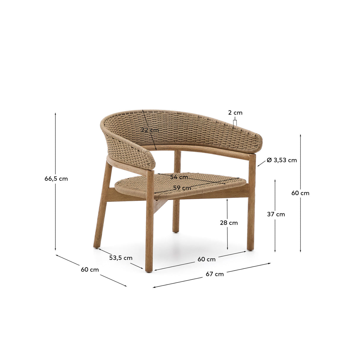 Sessel Arinella aus massivem Akazienholz mit Finish in natürlichem Farbton und beigem Seil FSC 100% in Natur, Braun, Beige präsentiert im Onlineshop von KAQTU Design AG. Lounge Sofa ist von Kave Home