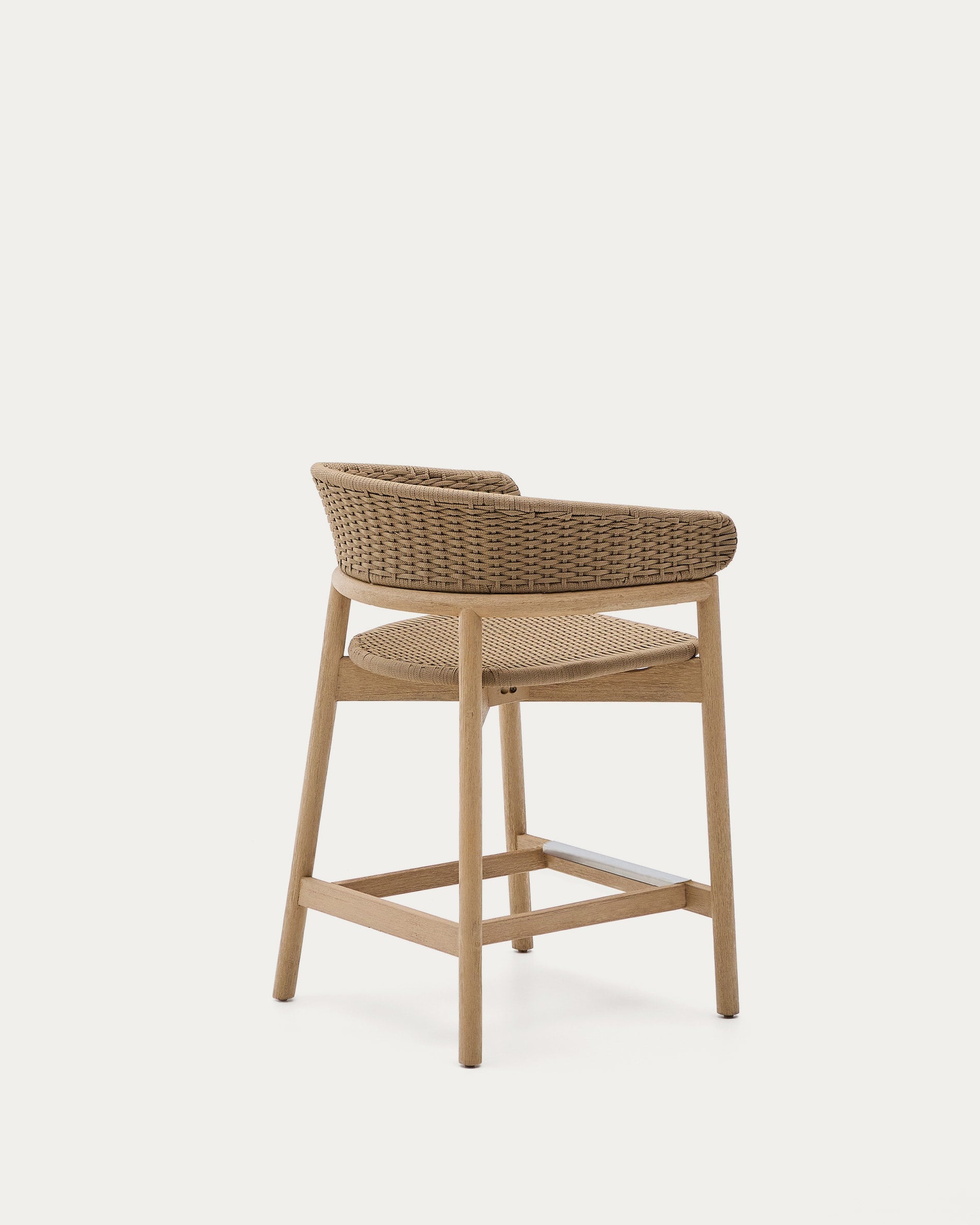 Hocker Arinella aus massivem Akazienholz, naturbelassenes Finish, beige Seil, elegant und vielseitig für Ihr Zuhause.