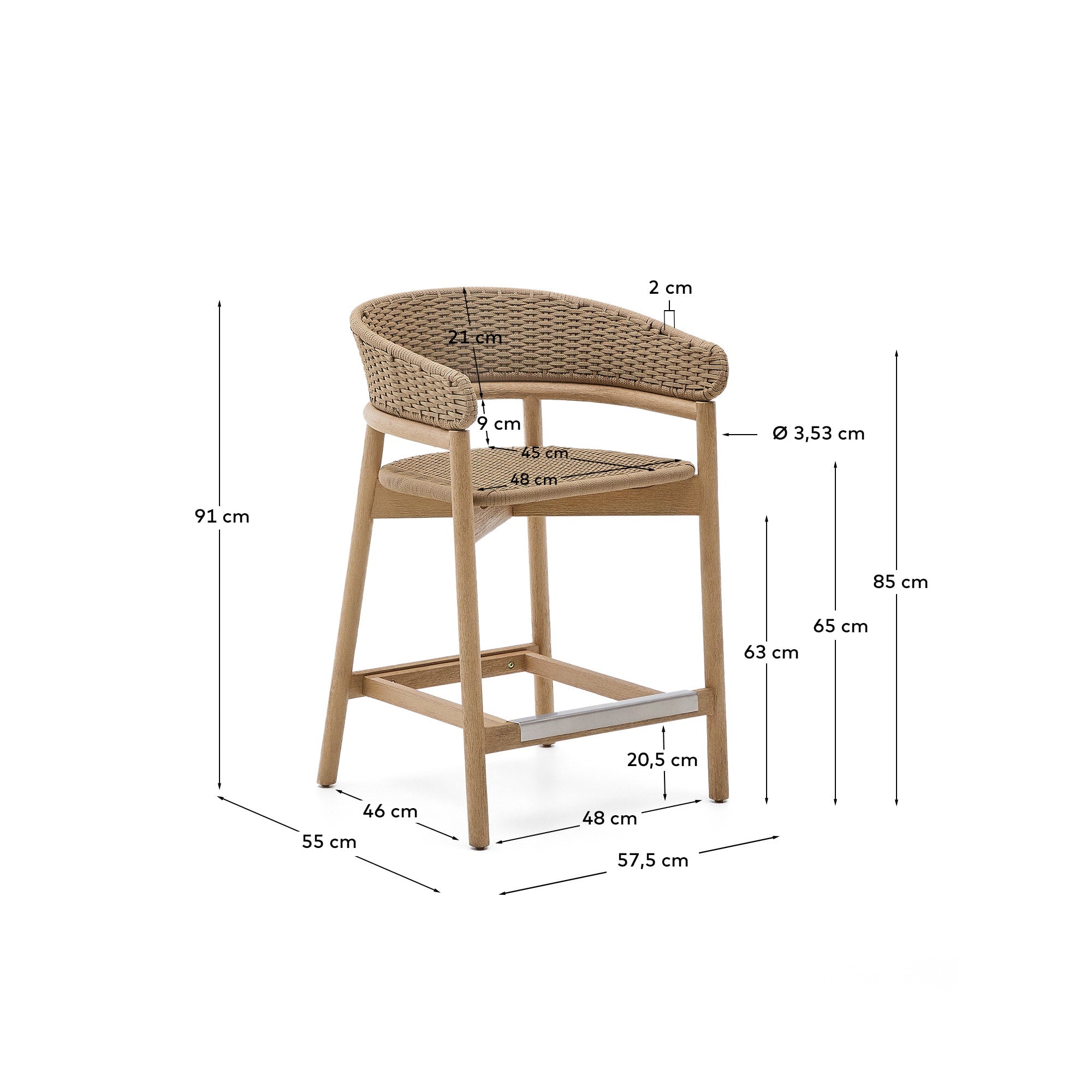 Hocker Arinella aus robustem Akazienholz mit natürlichem Finish und handgeflochtenem beigem Seil – ideal für stilvolle Terrassen und Gärten.