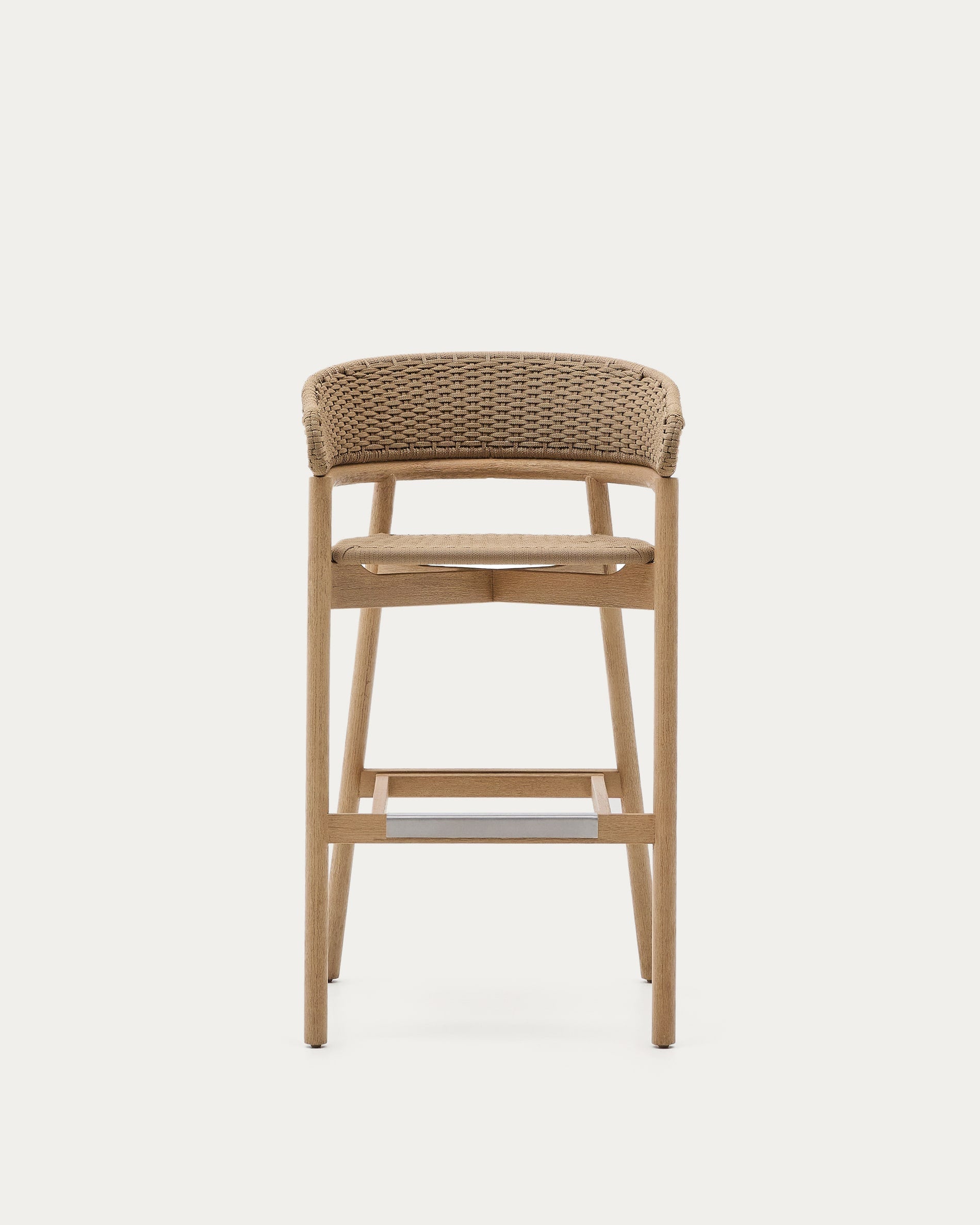 Hocker Arinella aus massivem Akazienholz, naturbelassen, mit beigem Seil, ideal für stilvolle und moderne Inneneinrichtungen.