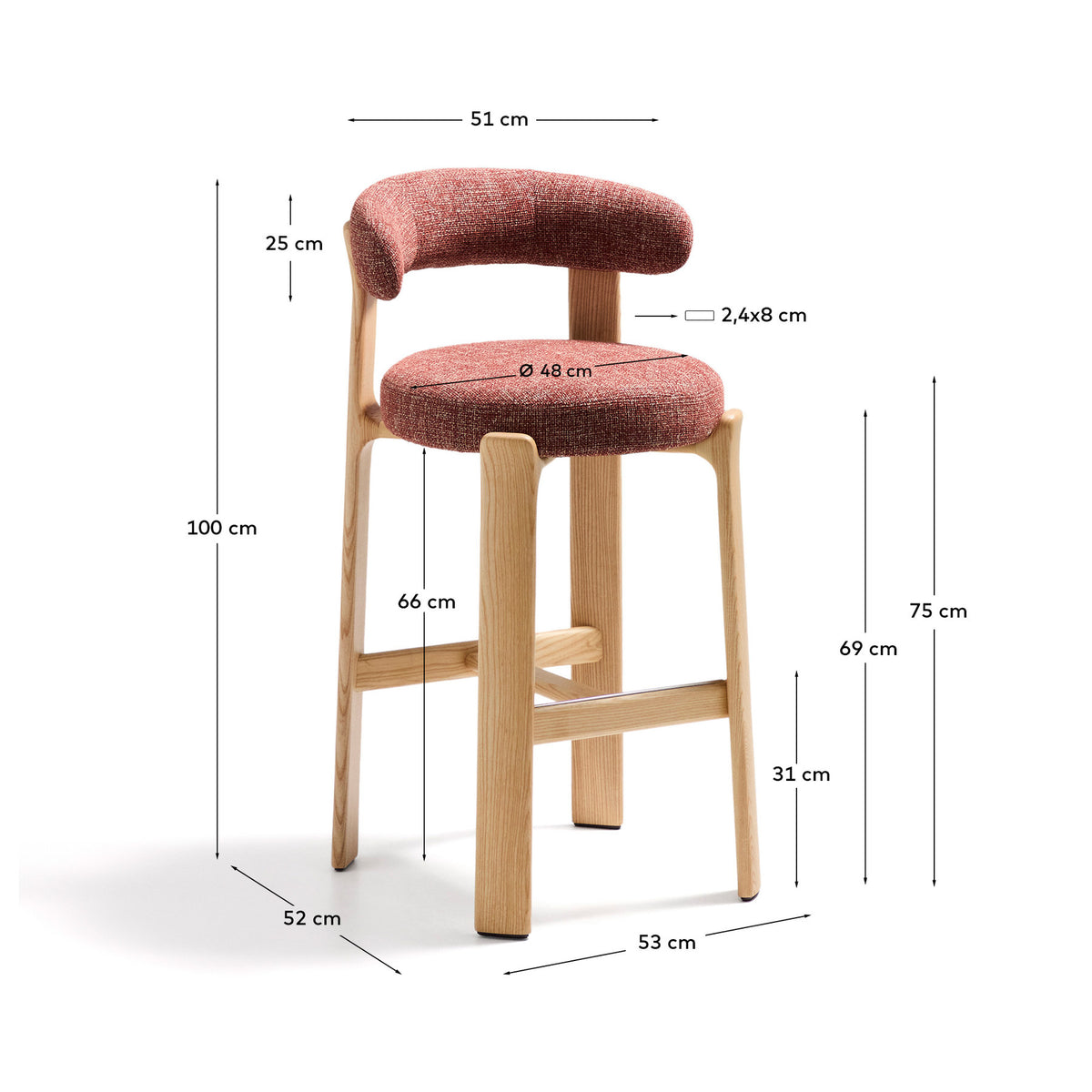 Hocker Granite aus terrakottafarbener Chenille und massivem Eschenholz mit naturfarbenem Finish, FSC 100%, 75 cm in Terrakotta präsentiert im Onlineshop von KAQTU Design AG. Barstuhl ist von Kave Home