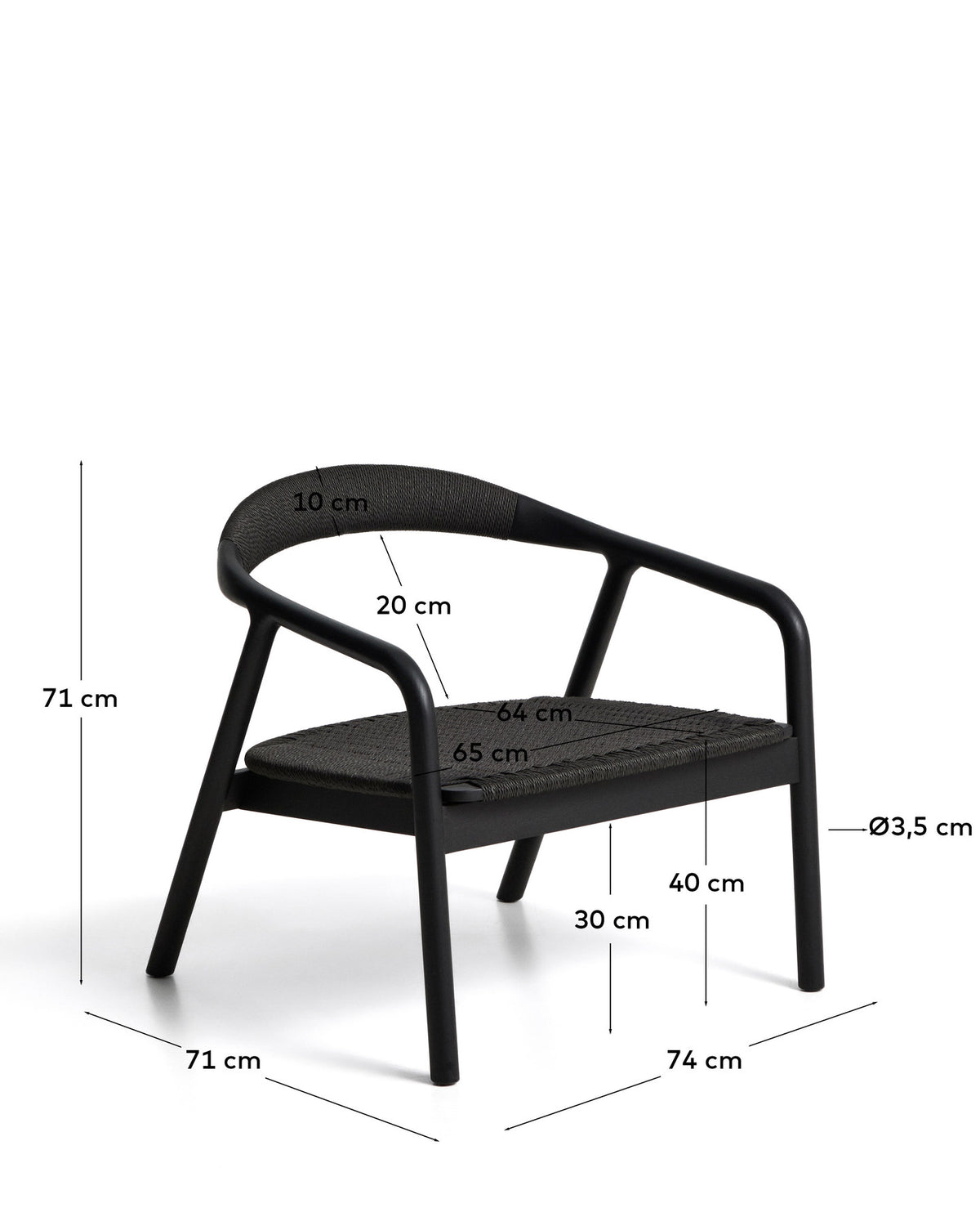 Sessel Derile aus massivem Eichenholz mit schwarzem Finish und schwarzem Papierseil FSC Mix Credit in Schwarz präsentiert im Onlineshop von KAQTU Design AG. Sessel mit Armlehnen ist von Kave Home