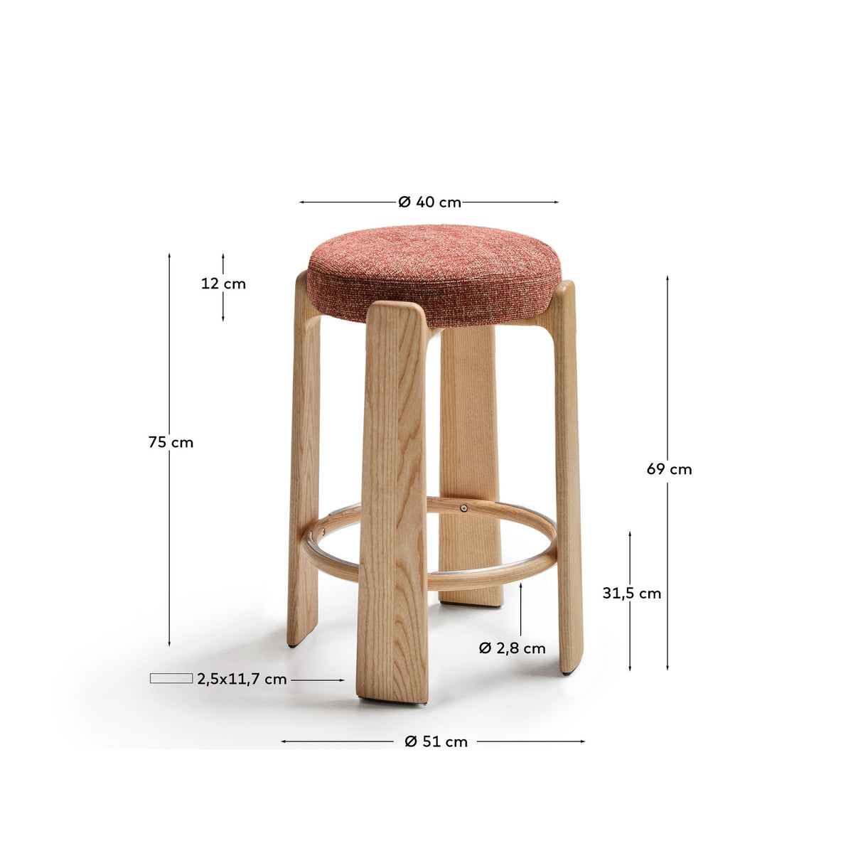Hocker Granite aus grüner Chenille und massivem Eschenholz mit Finish in natürlichem Farbton, FSC 100%, 75 cm in Terrakotta, Hellbraun präsentiert im Onlineshop von KAQTU Design AG. Barstuhl ist von Kave Home