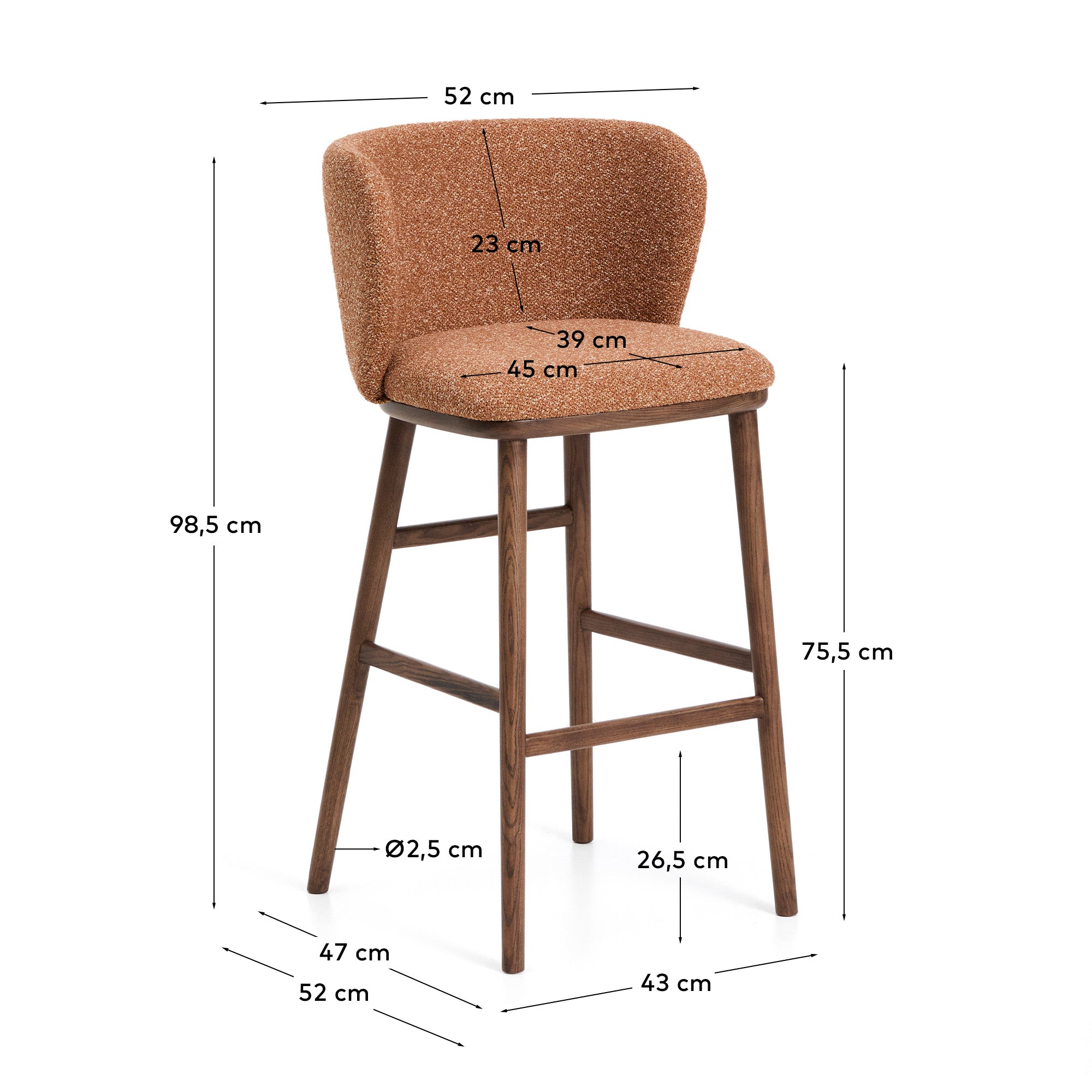 Hocker Ciselia in dicker, terrakottafarbener Chenille mit Beinen aus massivem Eschenholz mit walnussholzfarbenem Finish, FSC Mix Credit, 75 cm in Terrakotta präsentiert im Onlineshop von KAQTU Design AG. Barstuhl ist von Kave Home