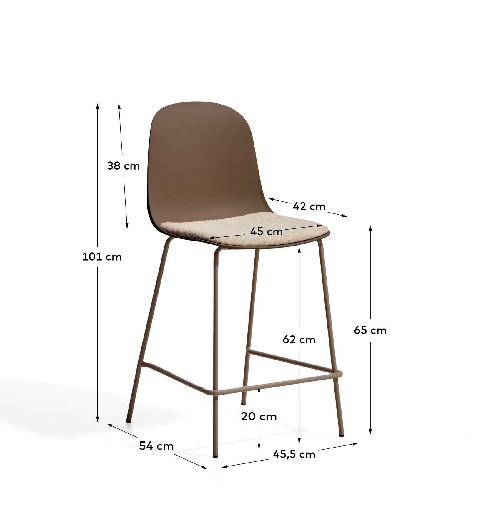 Hocker Debari mit Chenille-Kissen und Stahlbeinen mit braunem Finish, 65 cm in Braun präsentiert im Onlineshop von KAQTU Design AG. Barhocker ist von Kave Home