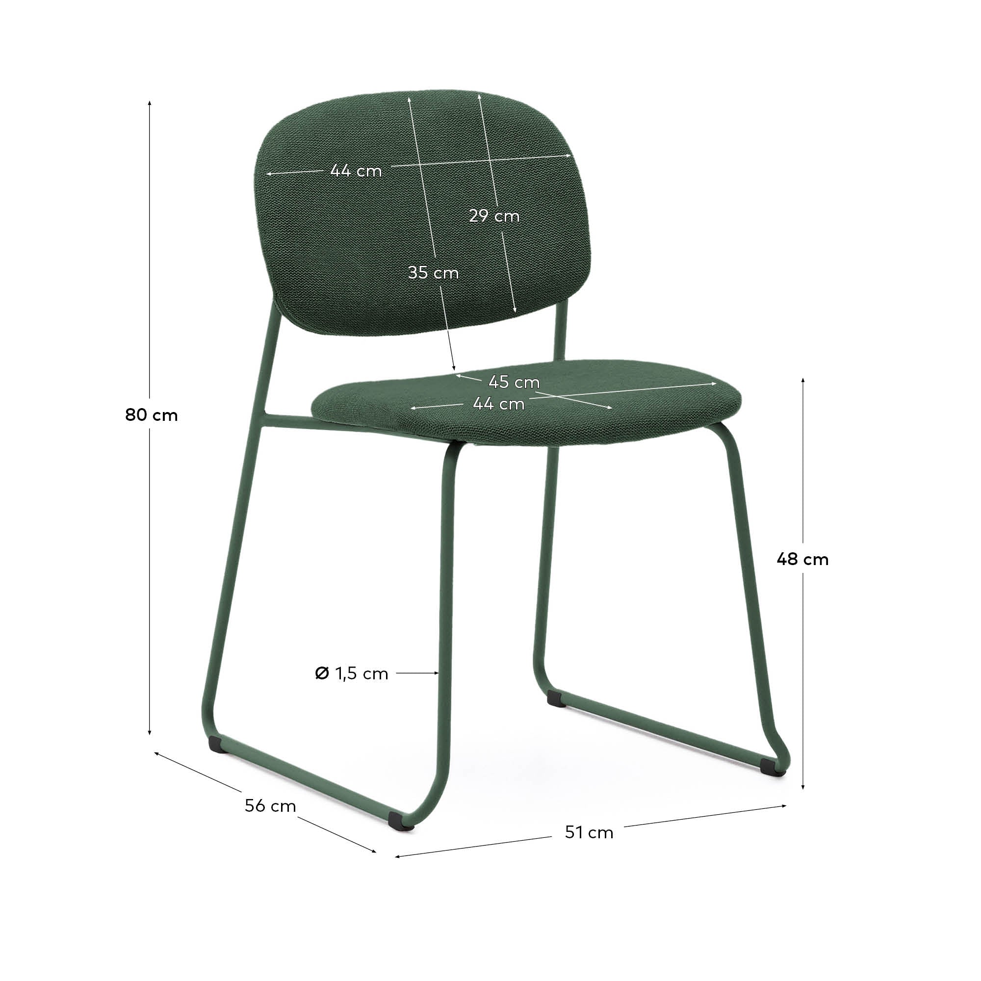 Stapelbarer Stuhl Meli mit grüner Chenille und Beinen aus grünem Metall, FSC Mix Credit in Grün präsentiert im Onlineshop von KAQTU Design AG. Stuhl ist von Kave Home