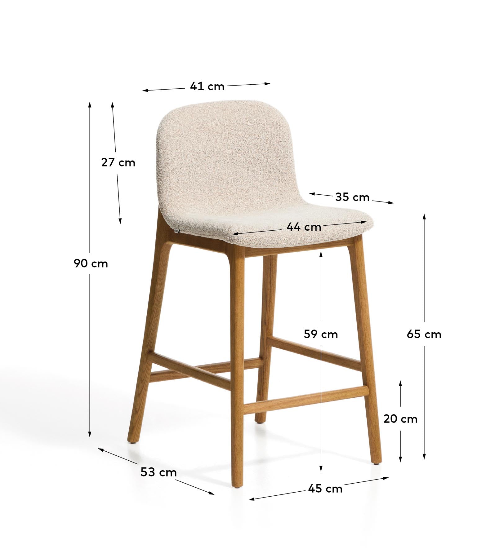 Hocker Elnor aus beiger Chenille und Beinen aus massivem Eichenholz mit Finish in natürlichem Farbton 65 cm in Beige präsentiert im Onlineshop von KAQTU Design AG. Barhocker ist von Kave Home