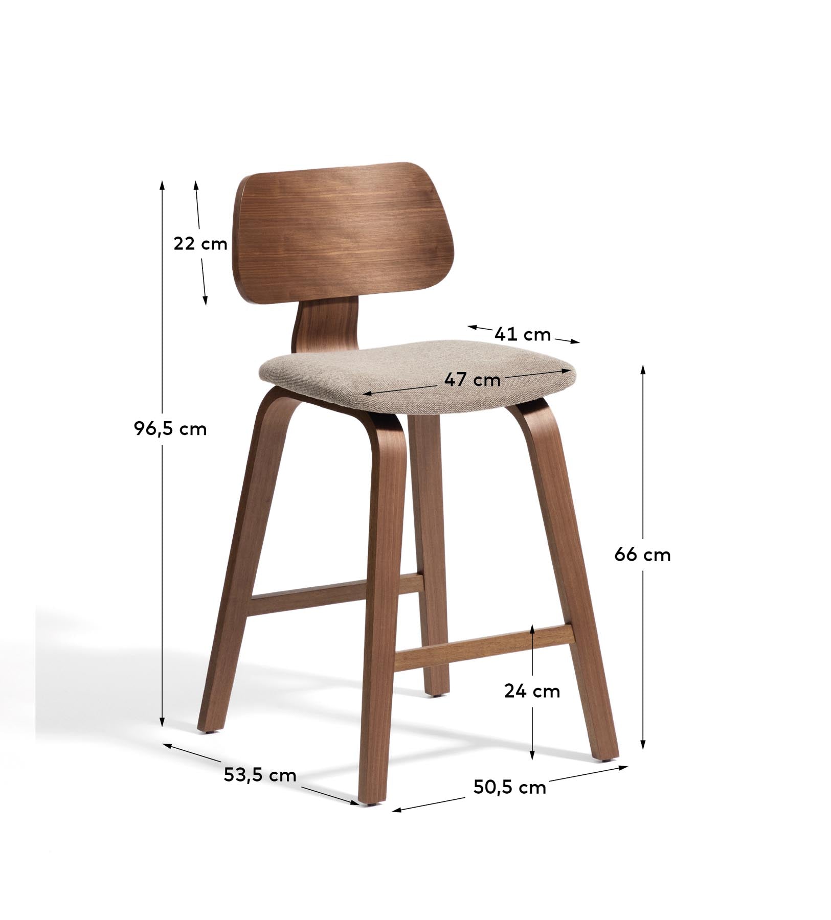Gena-Hocker aus Nussbaumfurnier und beigefarbener Chenille 65cm in Dunkelbraun präsentiert im Onlineshop von KAQTU Design AG. Barhocker ist von Kave Home