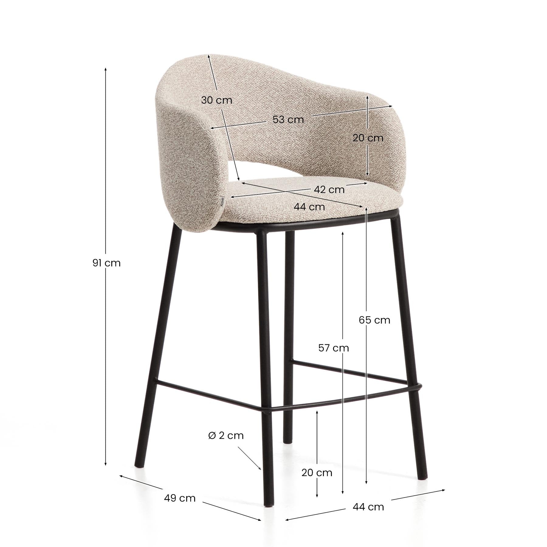 Hocker Maina aus dicker beigefarbener Chenille und Stahlbeinen mit schwarzer Beschichtung FSC Mix Credit 65 cm in Beige präsentiert im Onlineshop von KAQTU Design AG. Barhocker ist von Kave Home