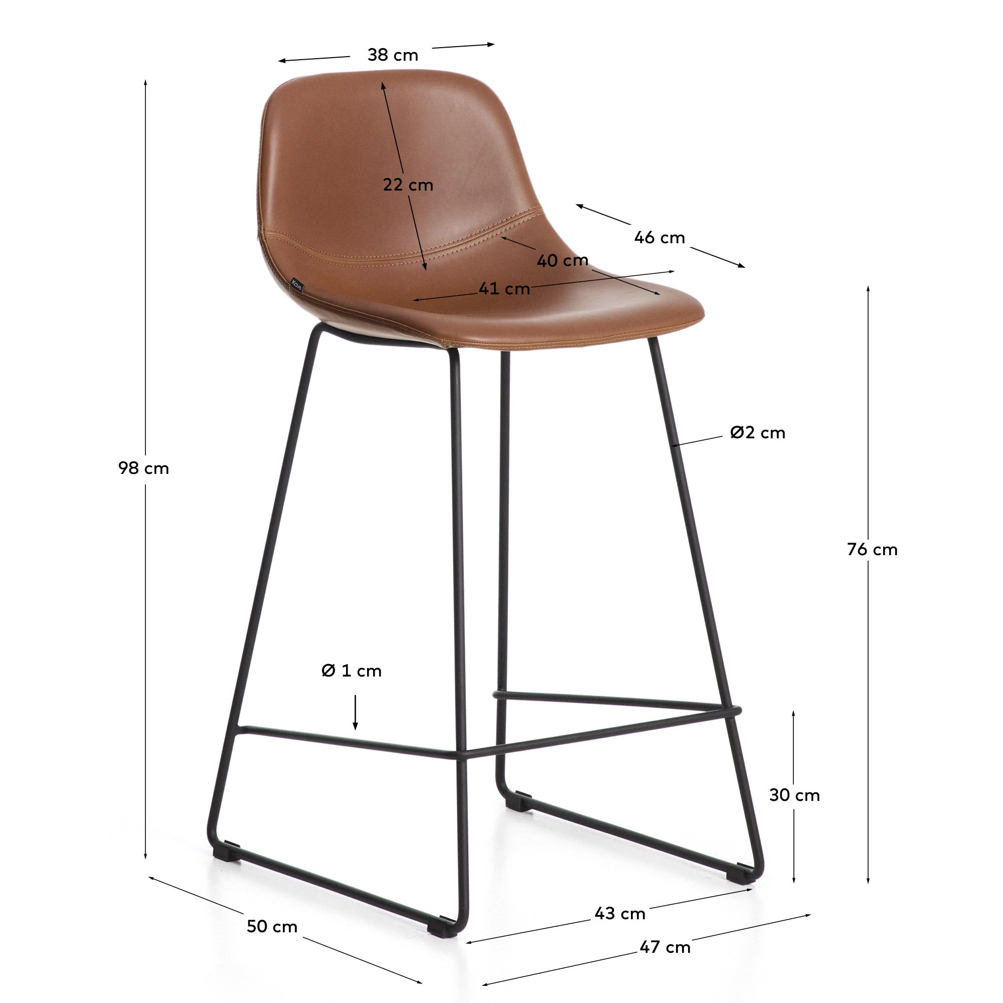 Hocker Zahara mit braunem Polyurethan und Stahlbeinen mit schwarzem Finish, 76 cm, FSC 100 % in Braun präsentiert im Onlineshop von KAQTU Design AG. Barhocker ist von Kave Home