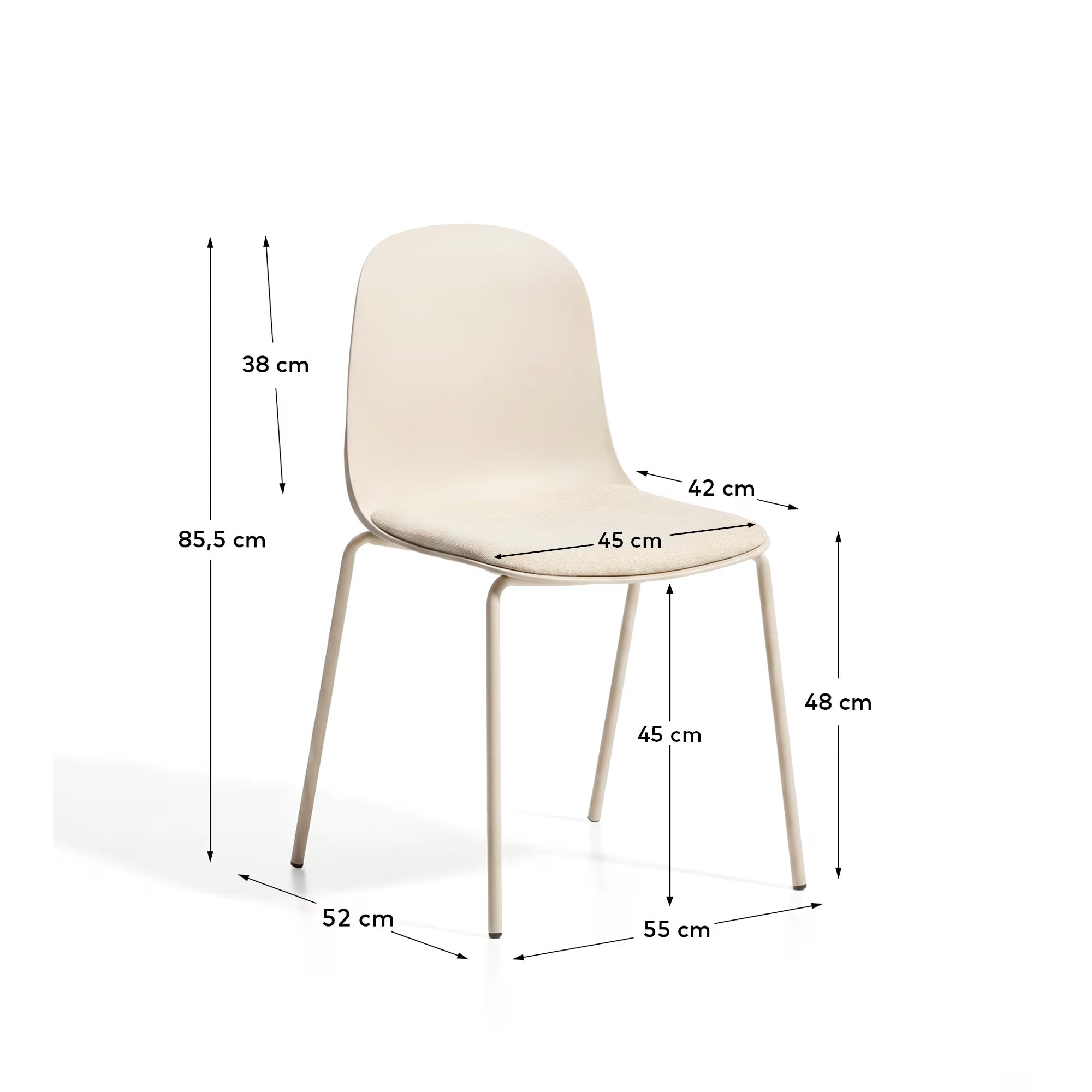Stuhl Debari mit Chenille-Kissen und Stahlbeinen mit beigem Finish in Beige präsentiert im Onlineshop von KAQTU Design AG. Stuhl ist von Kave Home