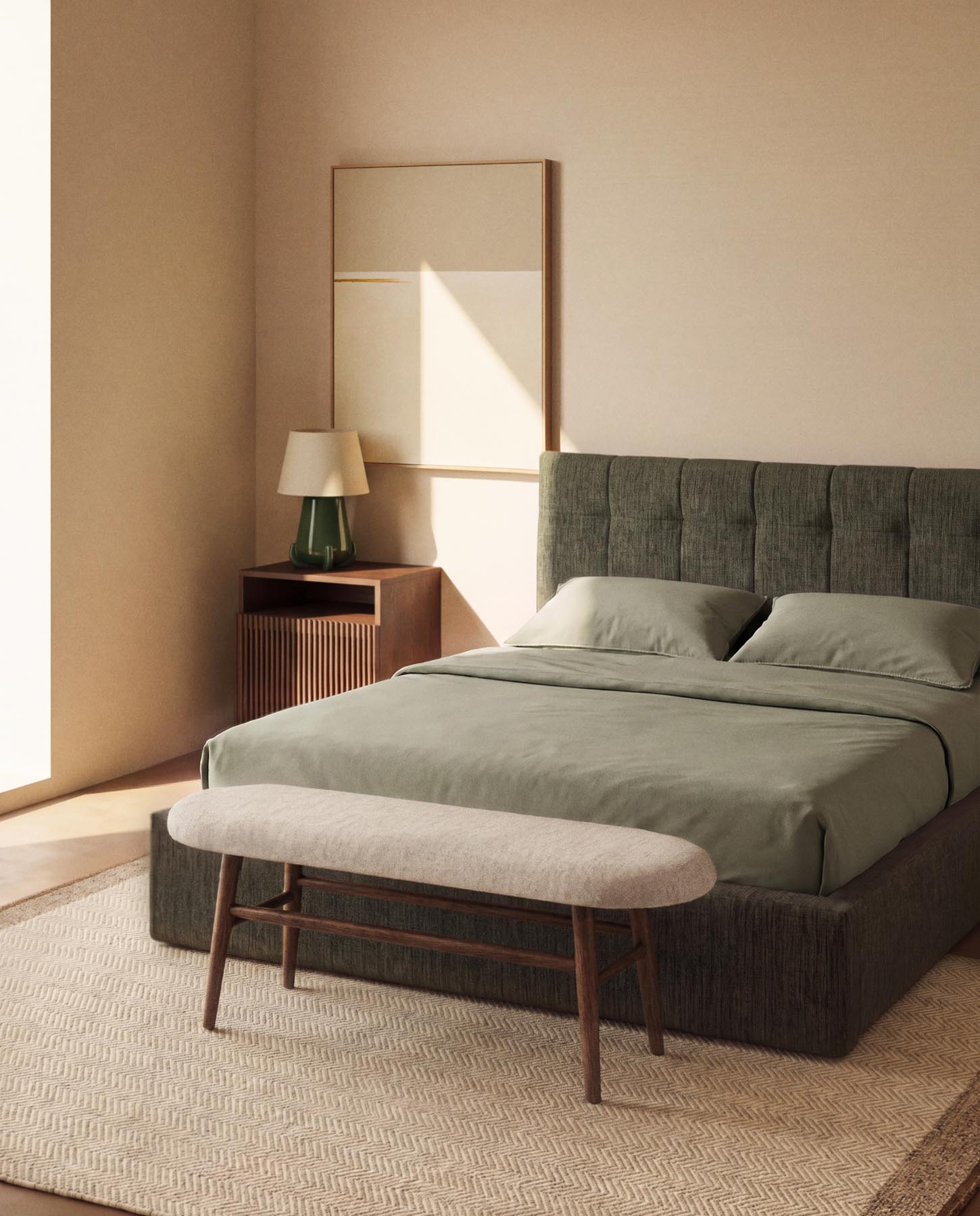 Bank Helda in grüner Chenille und massivem Eichenholz mit Nussbaumfinish, FSC Mix Credit, 122 cm in Braun präsentiert im Onlineshop von KAQTU Design AG. Sitzbank ist von Kave Home