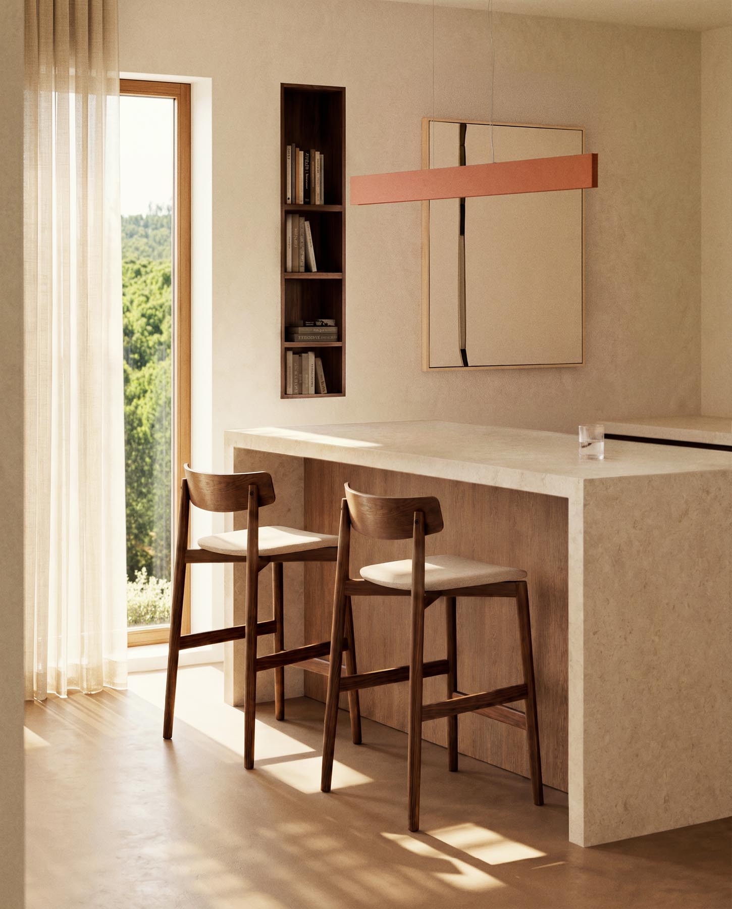 Hocker Evera mit Rückenlehne aus Eichenfurnier mit Nussbaumfinish und brauner Chenille, 65 cm in Braun präsentiert im Onlineshop von KAQTU Design AG. Barhocker ist von Kave Home