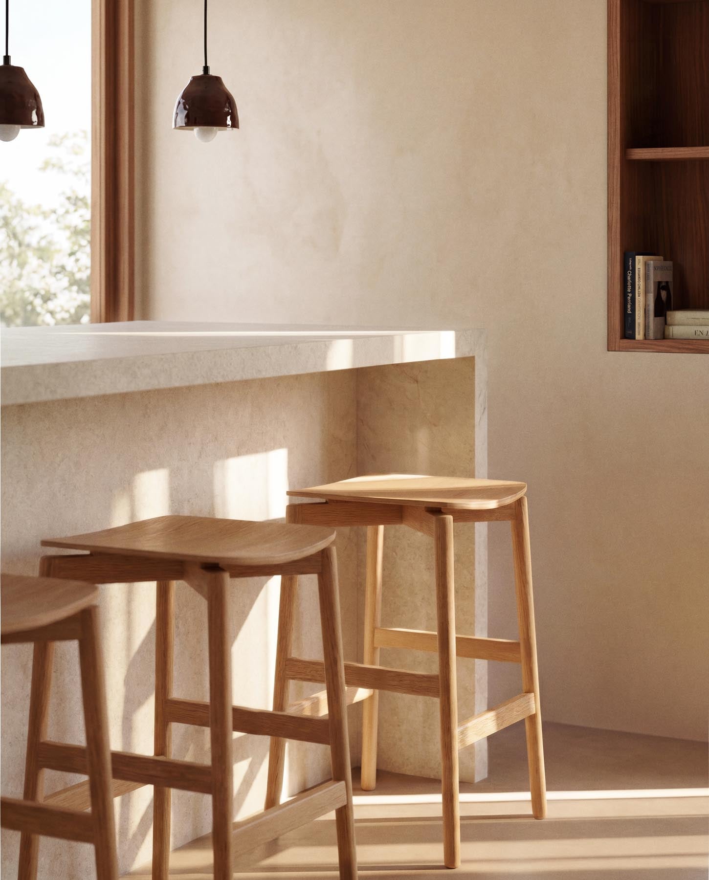 Hocker Evera aus Eichenfurnier mit naturfarbenem Finish, 65 cm in Beige präsentiert im Onlineshop von KAQTU Design AG. Barhocker ist von Kave Home