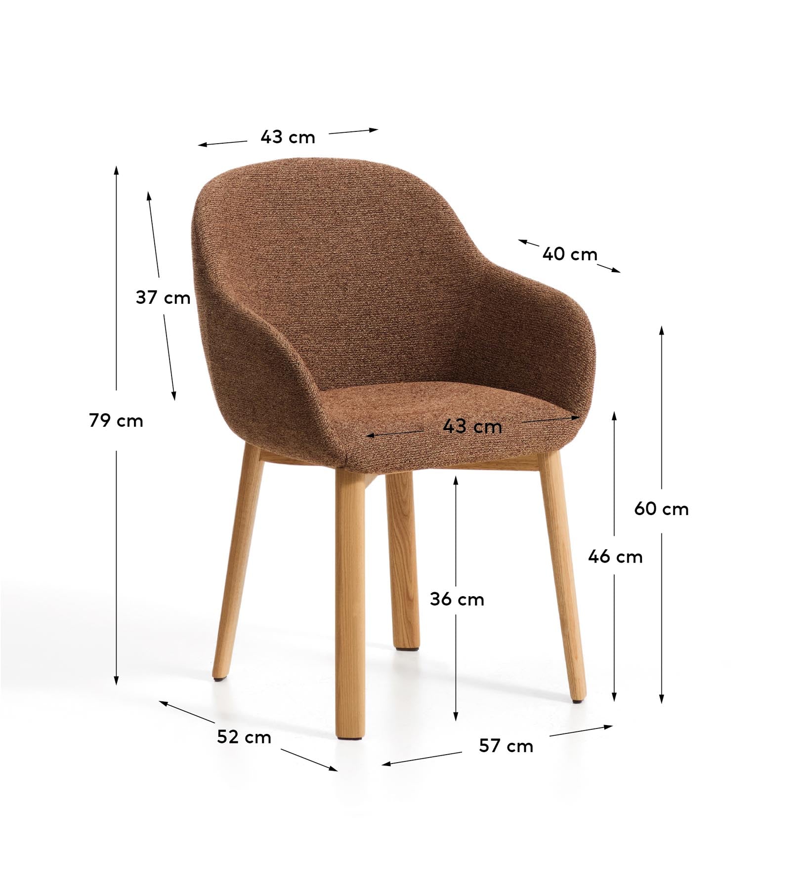 Armlehnenstuhl Meila mit terrakottafarbener Chenille und Beinen aus massivem Eschenholz mit naturfarbenem Finish in Terrakotta präsentiert im Onlineshop von KAQTU Design AG. Stuhl mit Armlehne ist von Kave Home