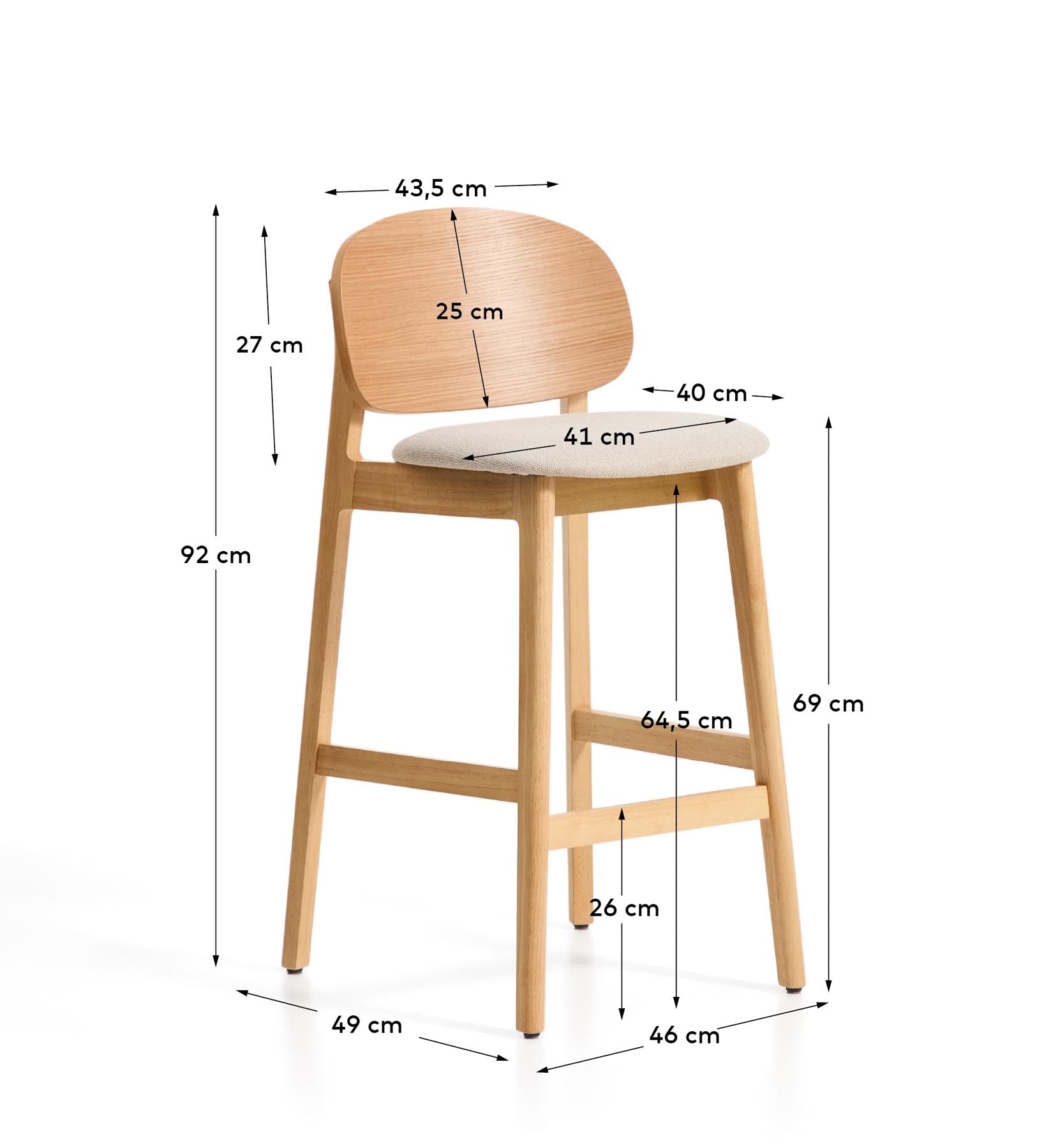 Hocker Ludara aus Eichenfurnier mit beiger Chenille, 65 cm in Natur präsentiert im Onlineshop von KAQTU Design AG. Barhocker ist von Kave Home