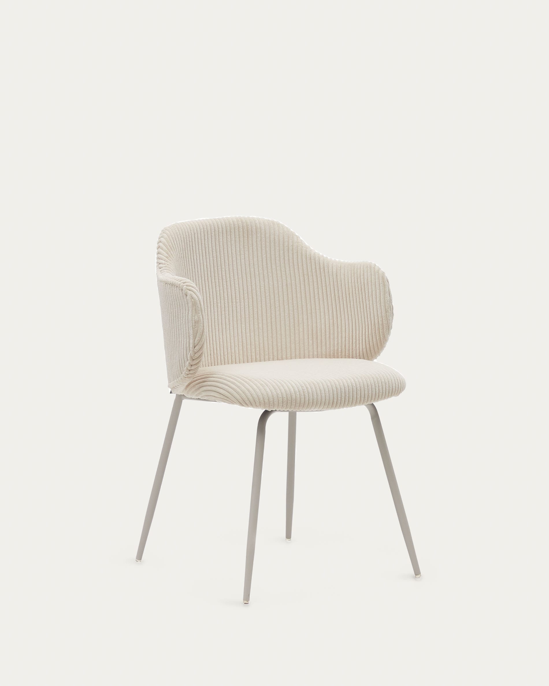 Eleganter Yunia Stuhl in beigem Cord mit stabilen Stahlbeinen.