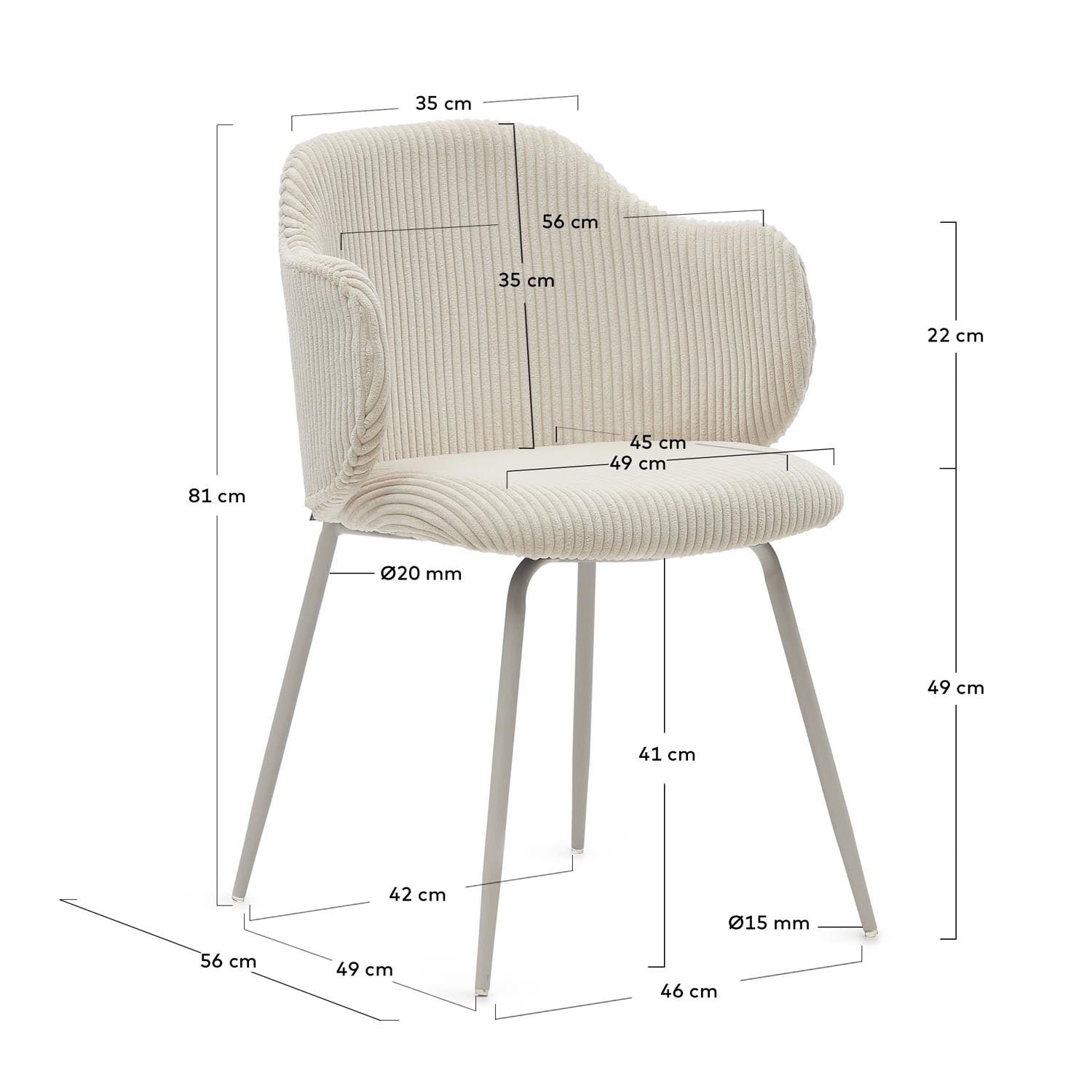 Stilvoller Yunia Stuhl aus beigem Cord mit robusten Stahlbeinen. Ideal für Komfort und modernes Design in jedem Esszimmer.