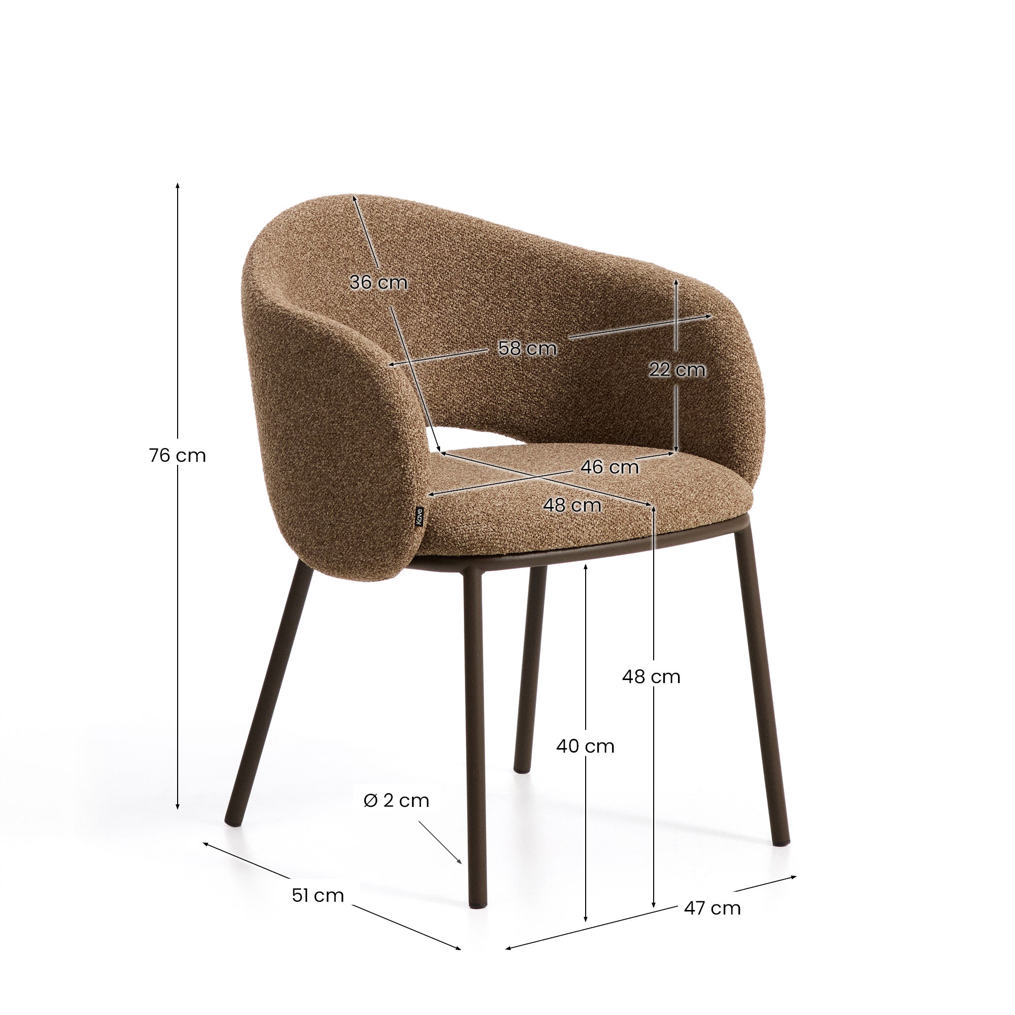 Maina Stuhl aus dicker brauner Chenille und Stahlbeinen mit brauner Beschichtung FSC Mix Credit in Braun präsentiert im Onlineshop von KAQTU Design AG. Stuhl ist von Kave Home