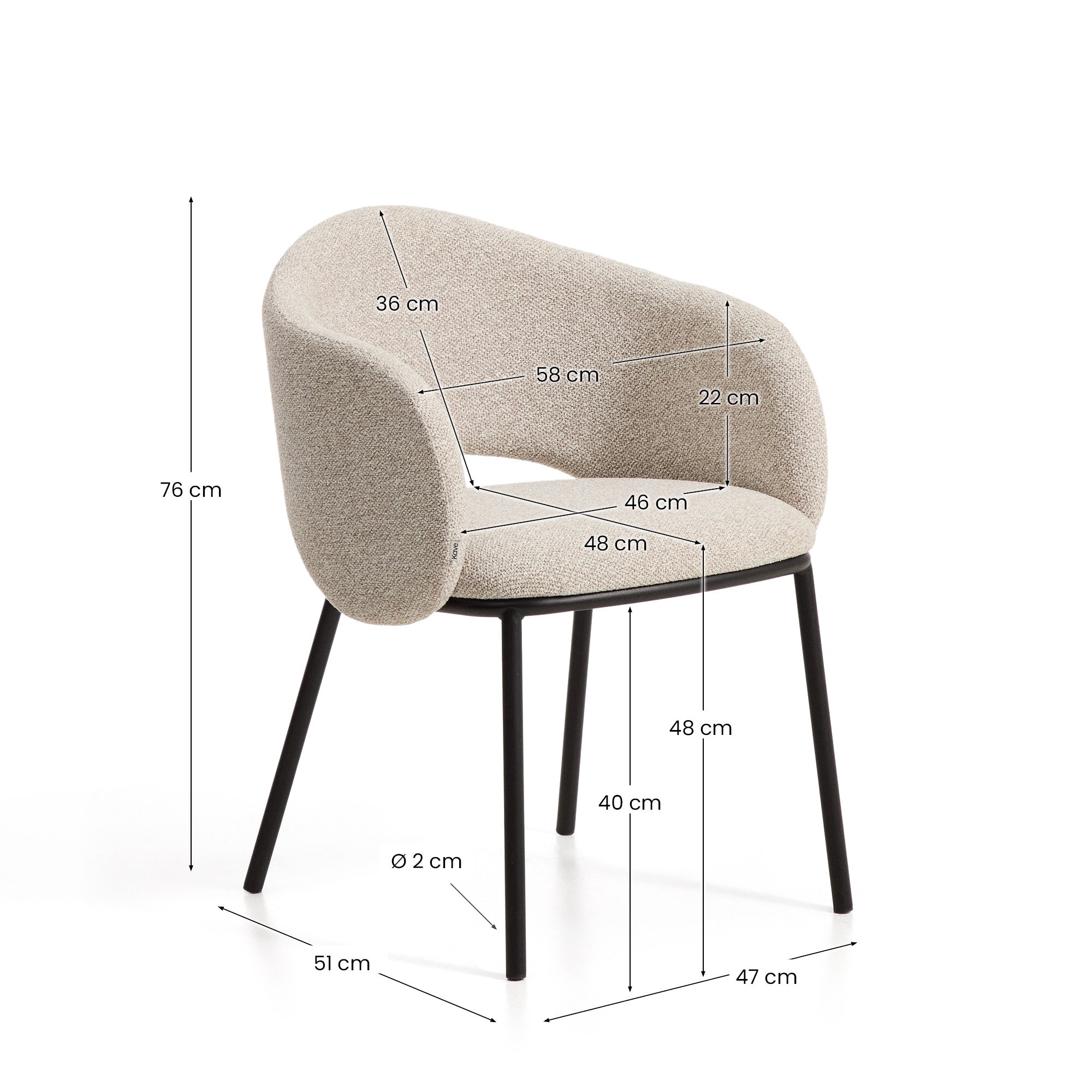 Maina Stuhl aus dicker beigefarbener Chenille mit schwarzen Stahlbeinen mit schwarzer Beschichtung FSC Mix Credit in Beige präsentiert im Onlineshop von KAQTU Design AG. Stuhl ist von Kave Home