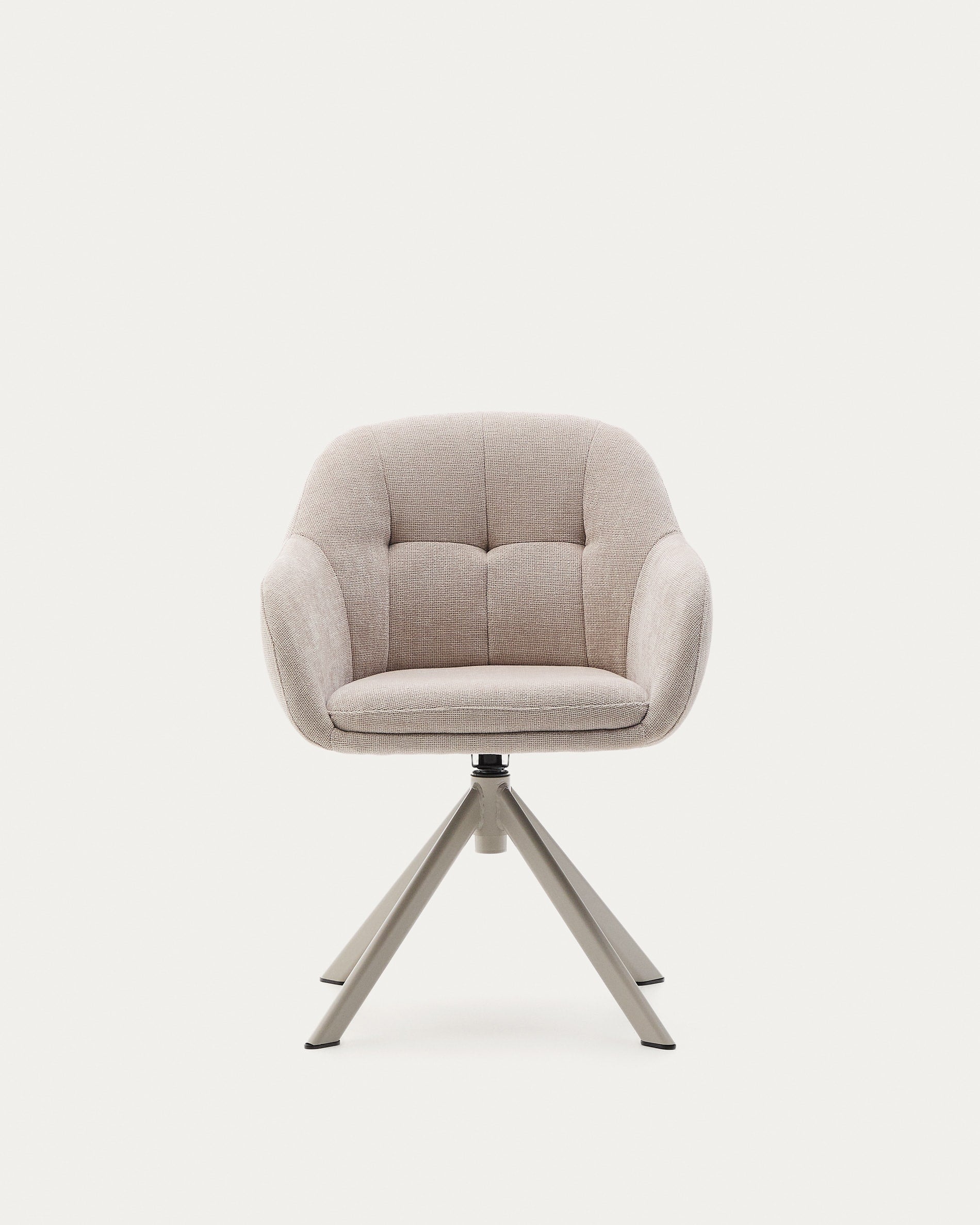 Moderner Drehstuhl Dorina mit beiger Chenille-Polsterung und stabilen Stahlbeinen, ideal für stilvolle und gemütliche Wohnbereiche.